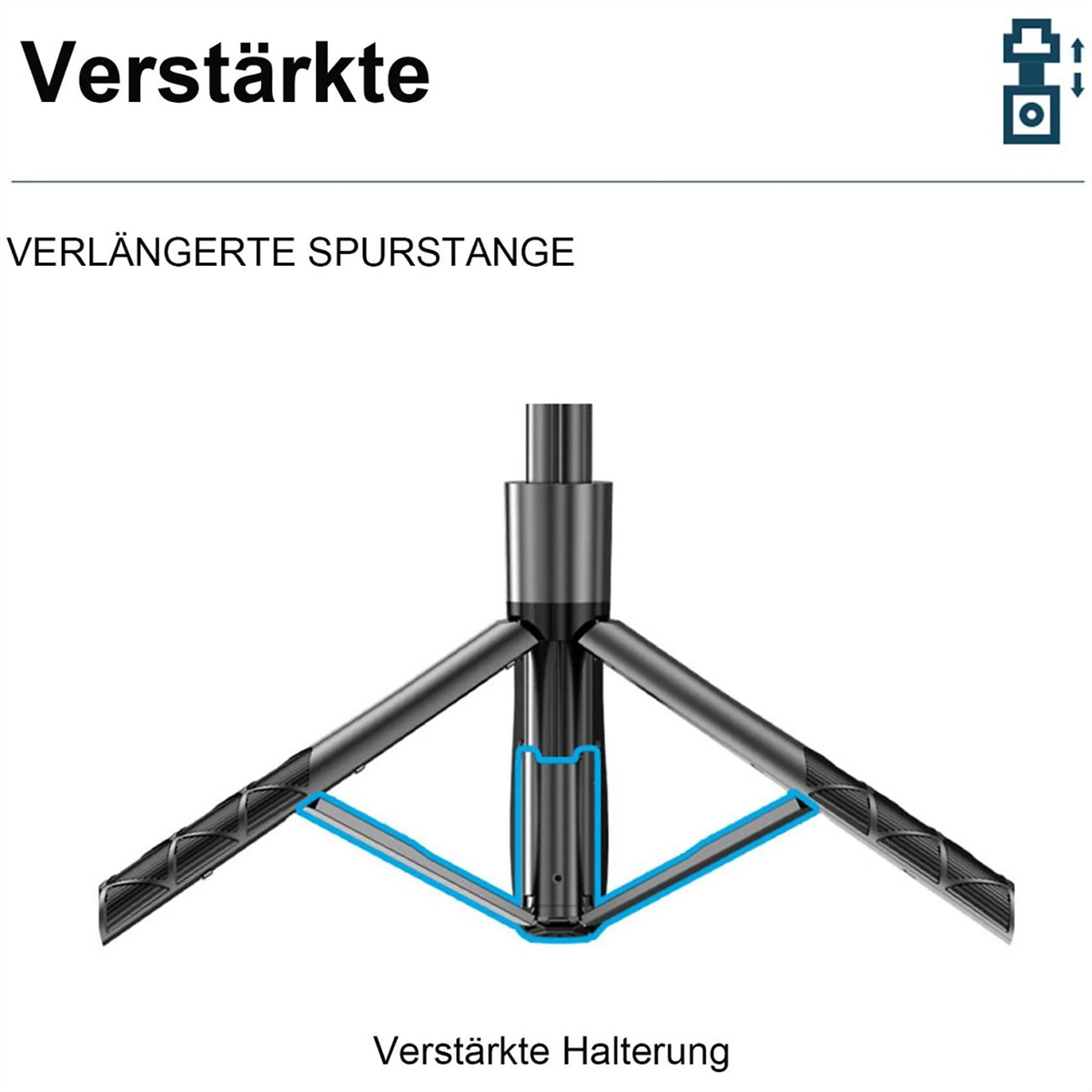 Nahaufnahme eines Stativs mit deutschem Text, die verstärkten Teile und das Design zeigend.