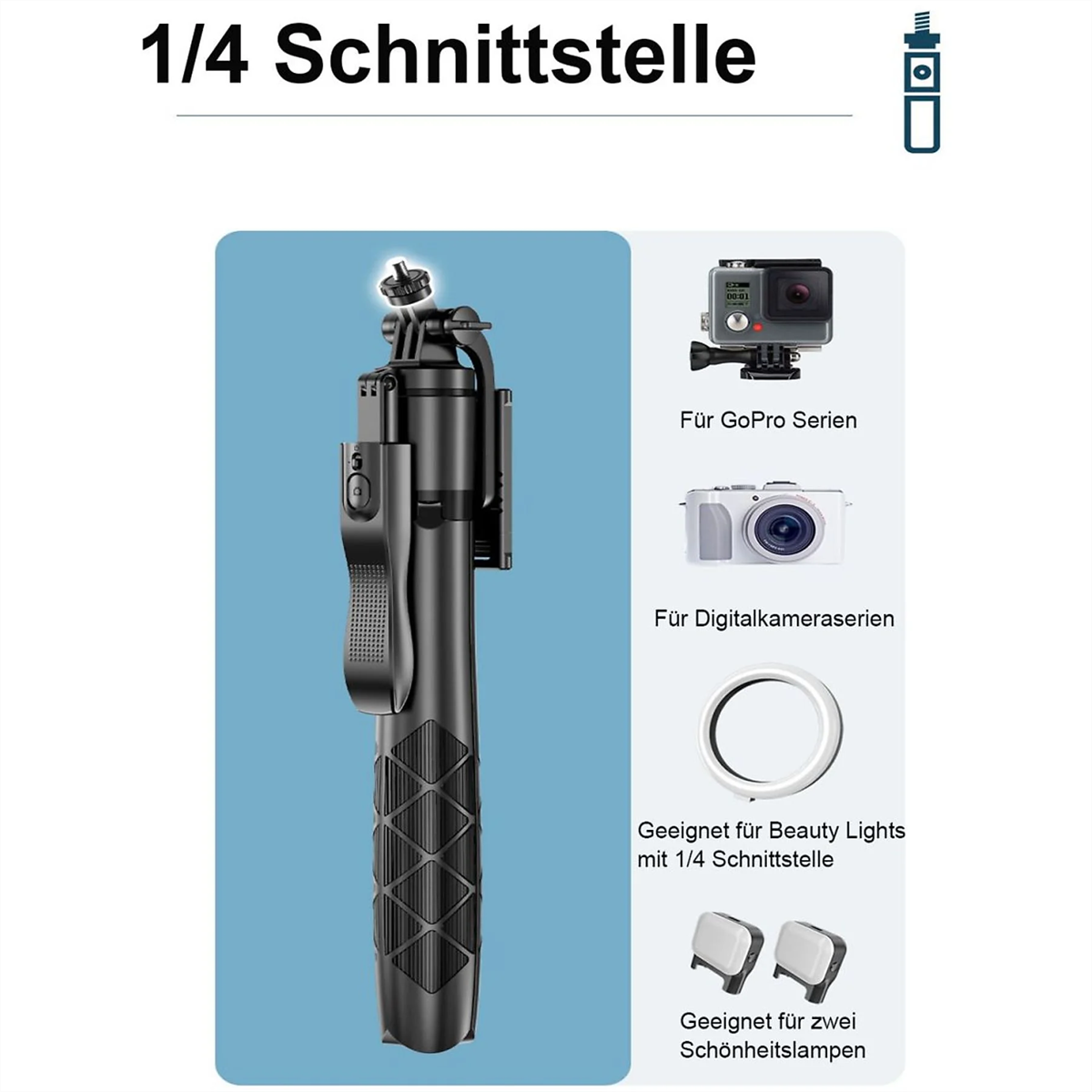 Schwarzer Selfie-Stick mit Zubehör, einschließlich GoPro, Kamera und Ringlicht.