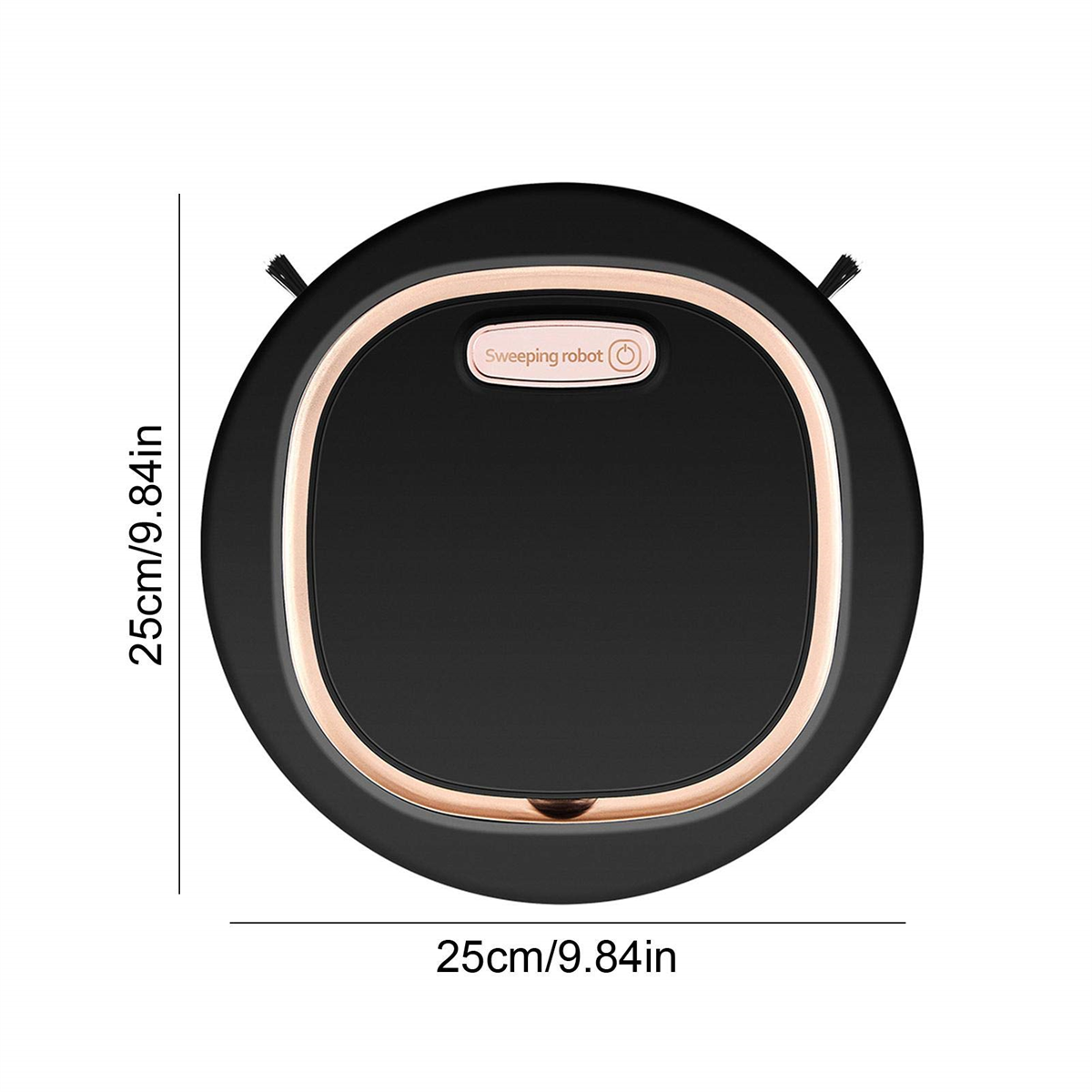 Schwarzer Roboter-Staubsauger, kreisförmiges Design, mit Abmessungen in cm und Zoll.