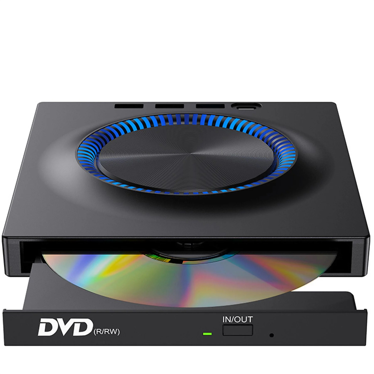 Ein schwarzer DVD-Player mit einer Disc im Inneren und einem blauen Lichtring um das Disc-Fach.