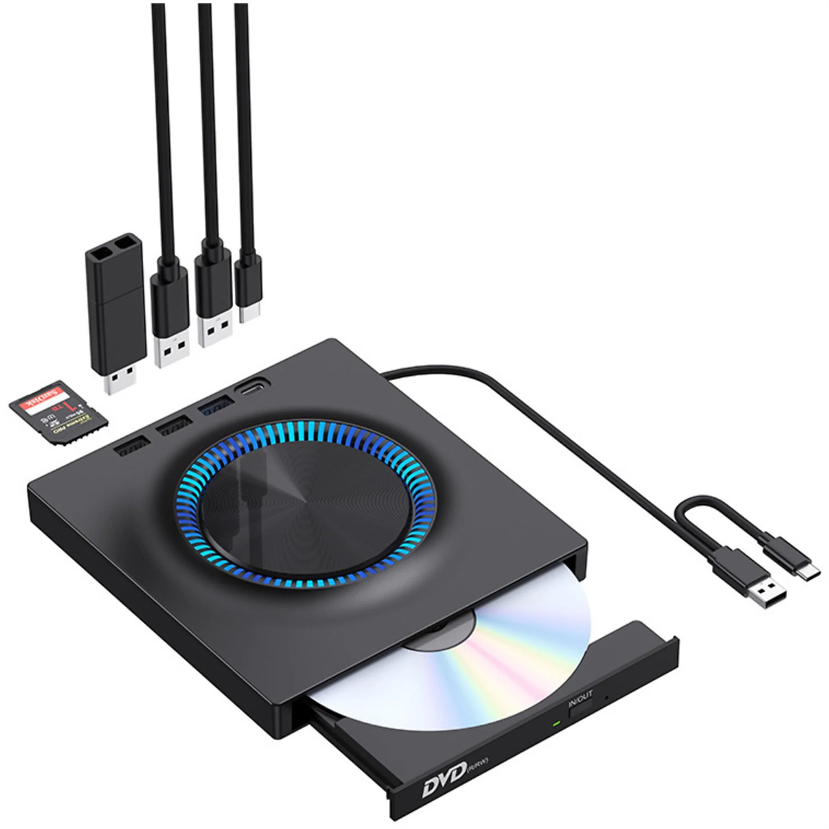 Schwarzer DVD-Player mit Disc, USB-Kabeln und Speicherkartenleser.
