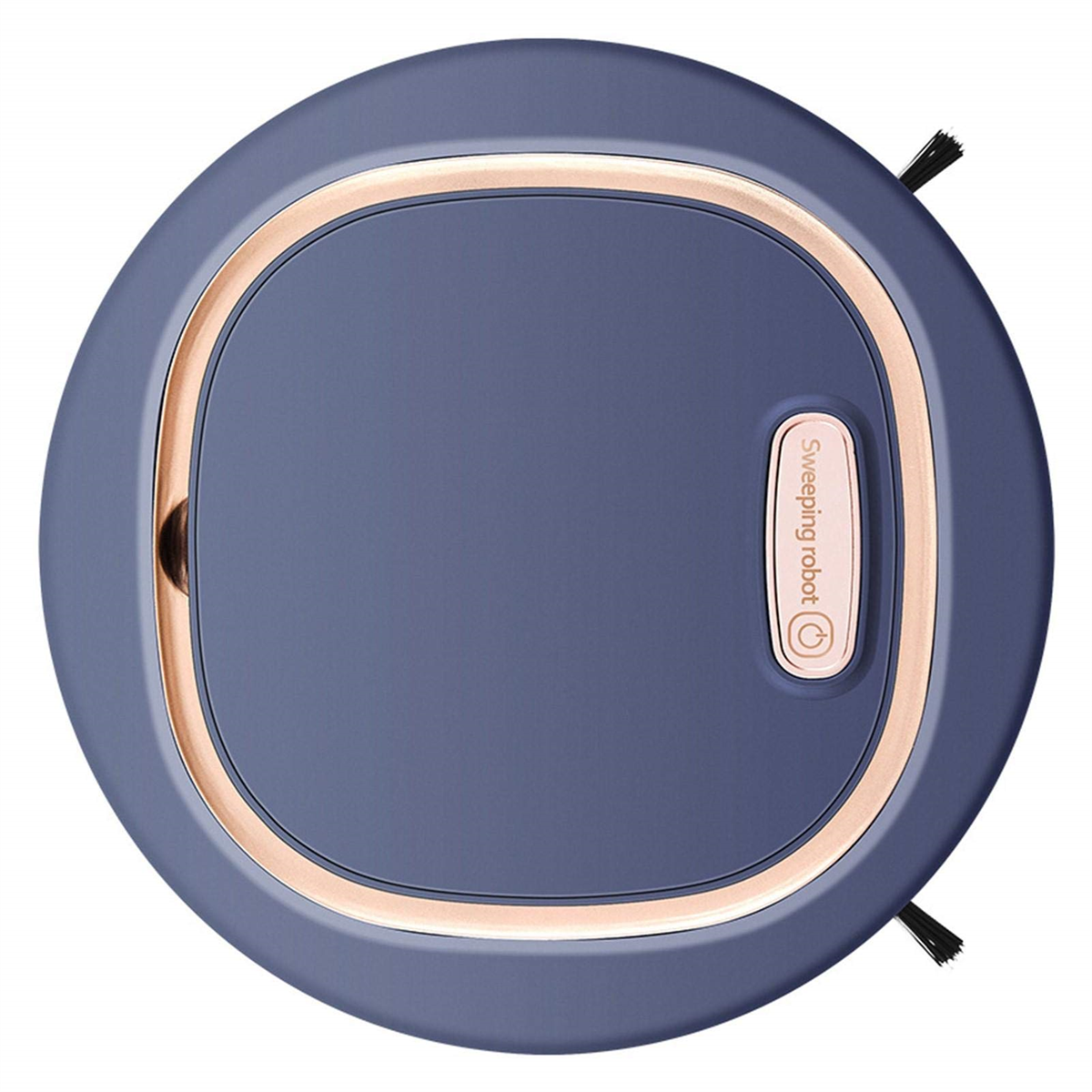Ein blauer Roboter-Staubsauger. Er hat einen goldenen Rand und einen rosa Knopf.