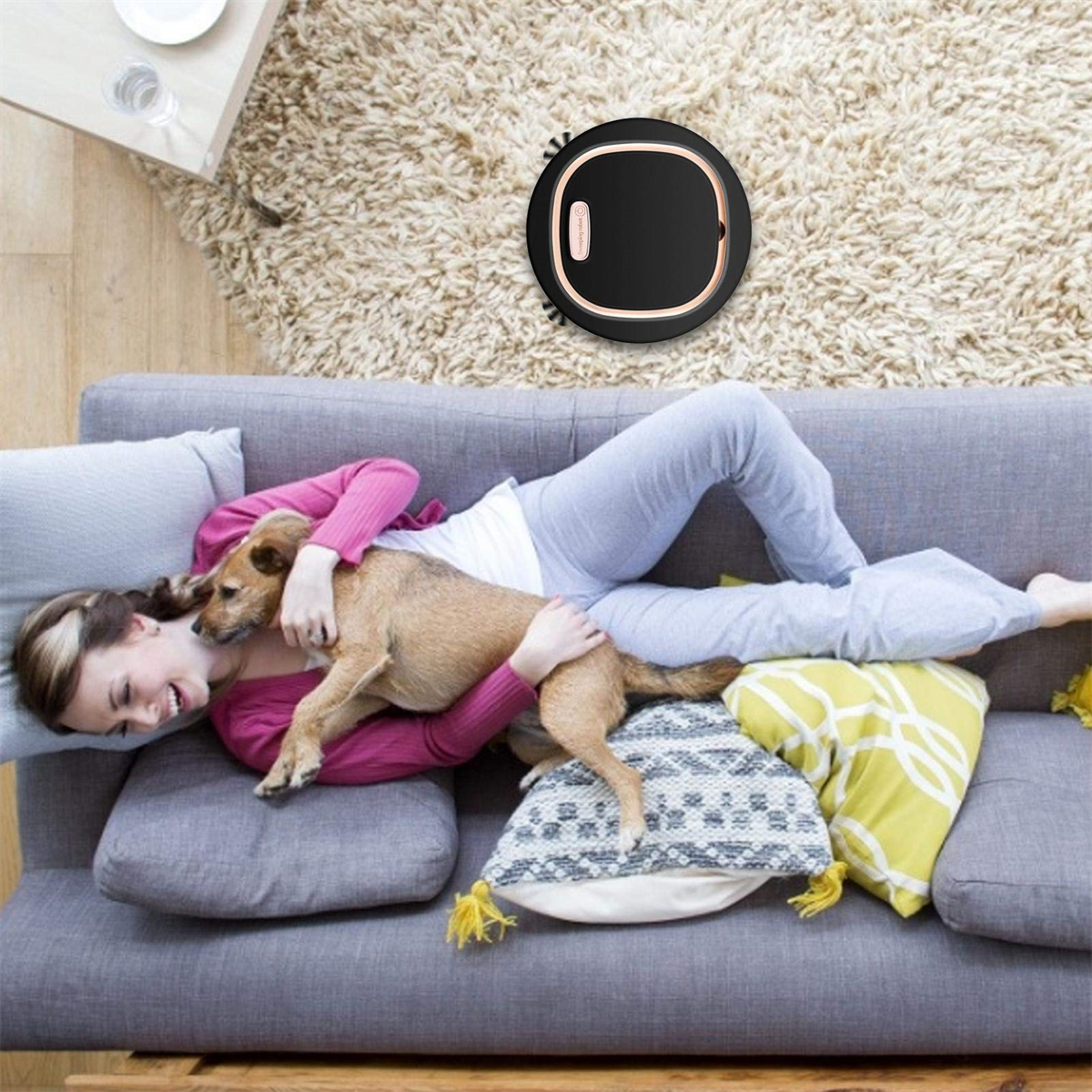 Frau und Hund auf einem grauen Sofa, Saugroboter auf Teppich.