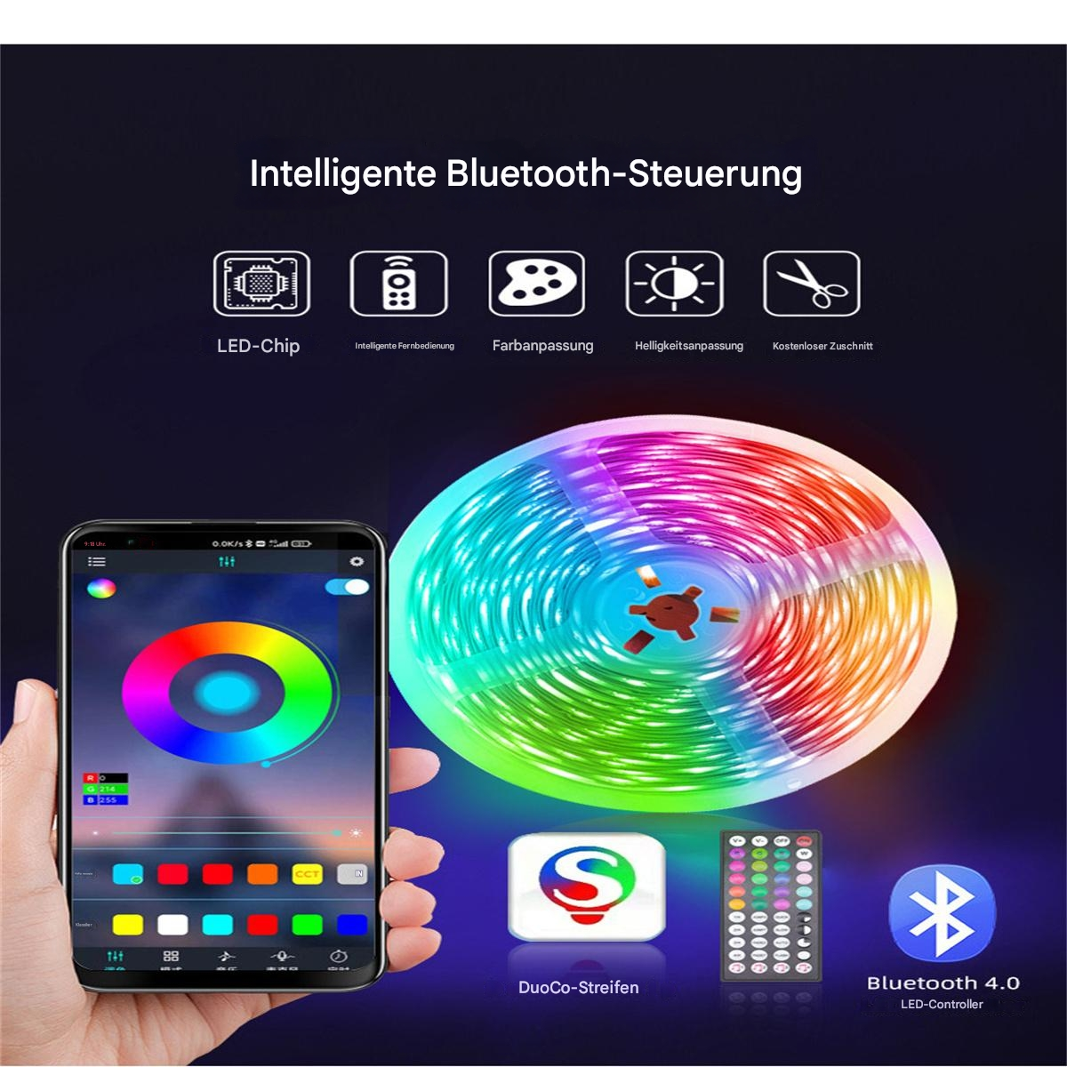 LED-Streifenlichter mit Fernbedienung und Smartphone. Die Lichter sind mehrfarbig.