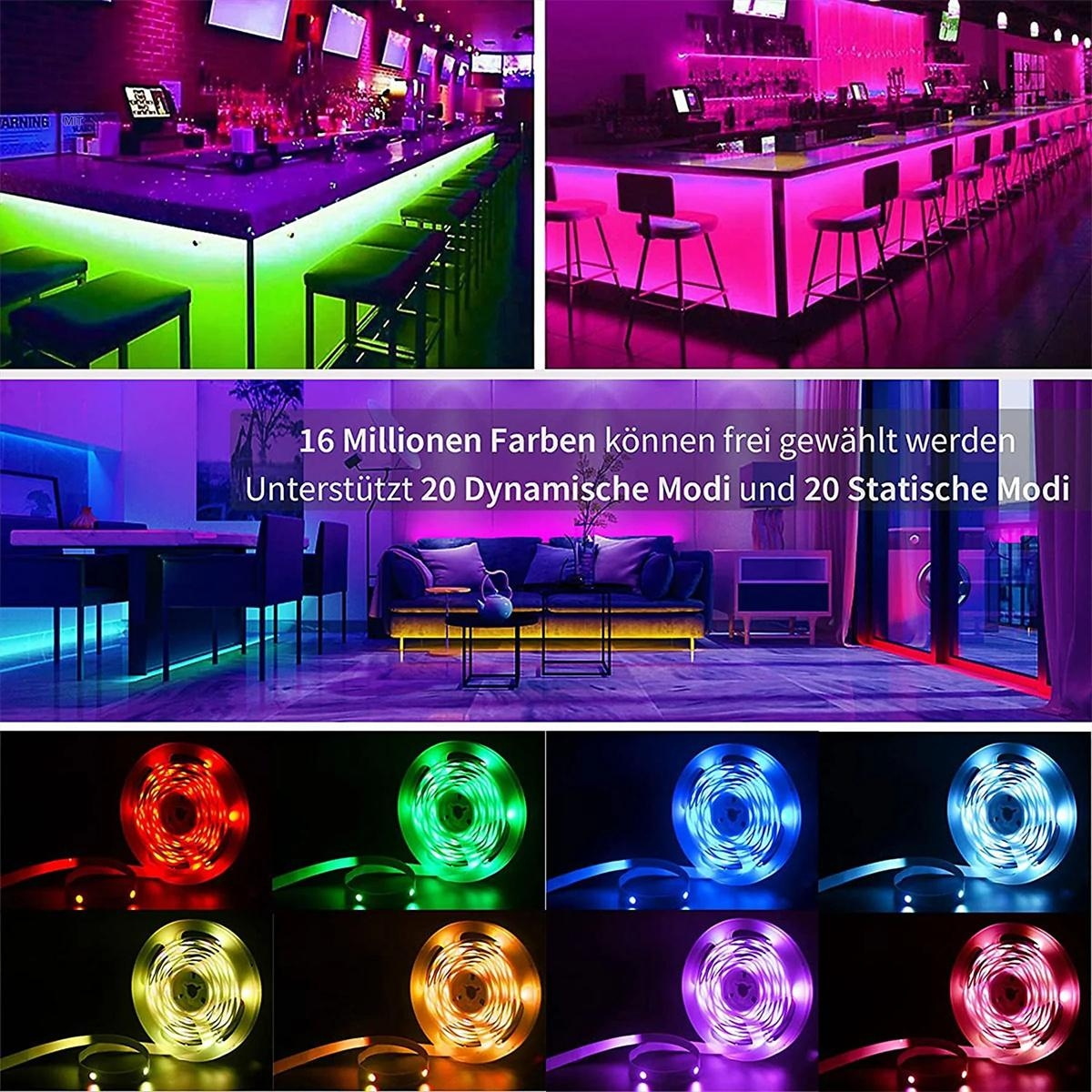 Mehrere Bilder einer Bar mit bunten LED-Lichtern, darunter Lila, Pink und Grün. Text über die Lichter ist enthalten.