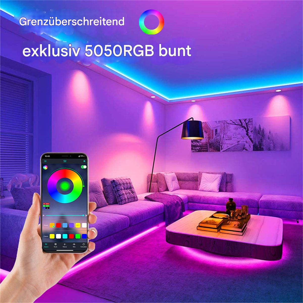 Ein Raum mit bunten LED-Lichtern, die von einem Telefon mit Farbrad gesteuert werden. Text an der Wand.