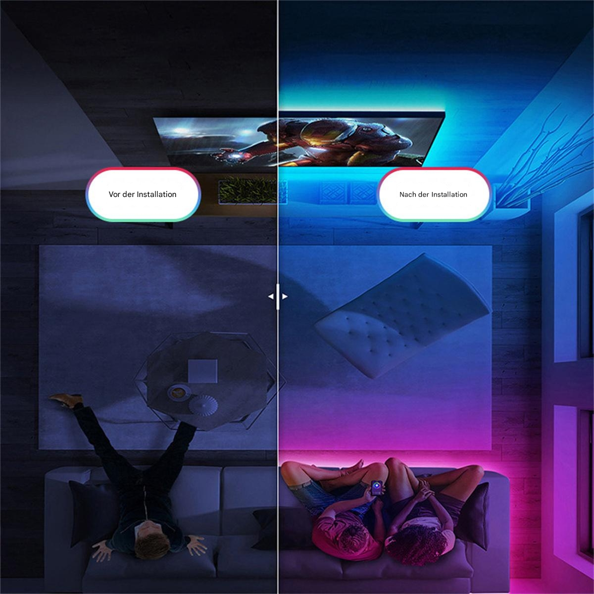 Geteiltes Bild: Vorher und nach der Installation von LED-Streifen. Ein Mann davor, ein Paar danach.