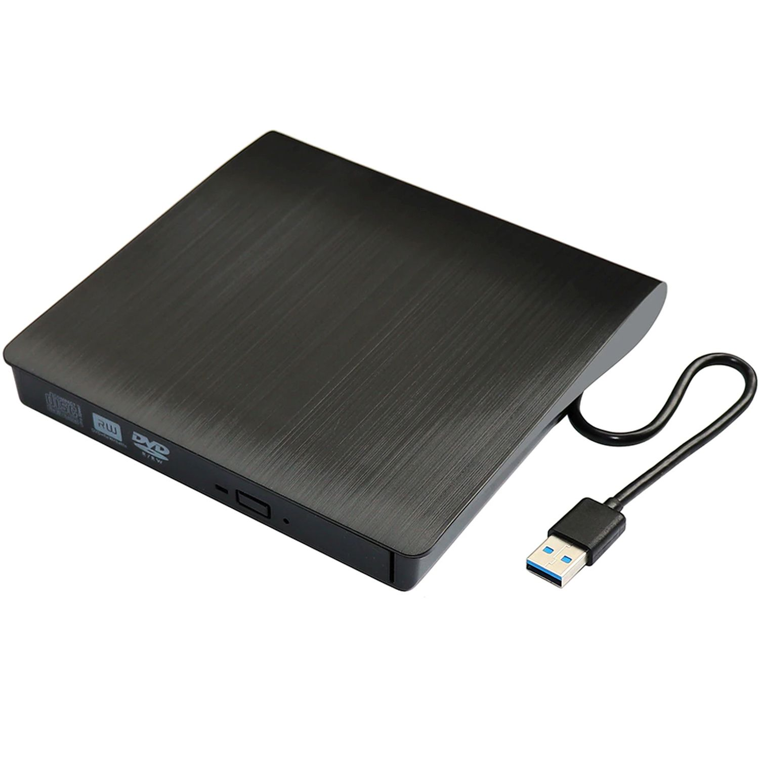 Schwarzes externes DVD-Laufwerk mit USB-Kabel auf weißem Hintergrund.