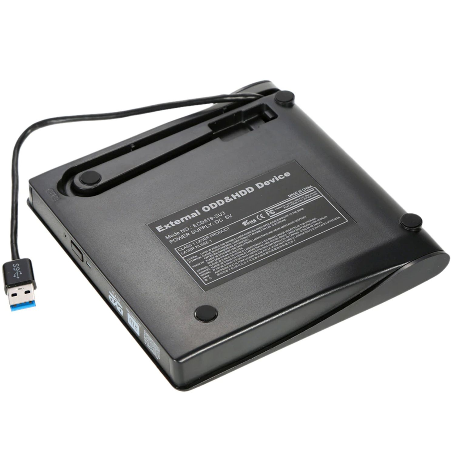 Ein externes schwarzes ODD & HDD-Gerät mit USB-Kabel und Etikett mit technischen Informationen.