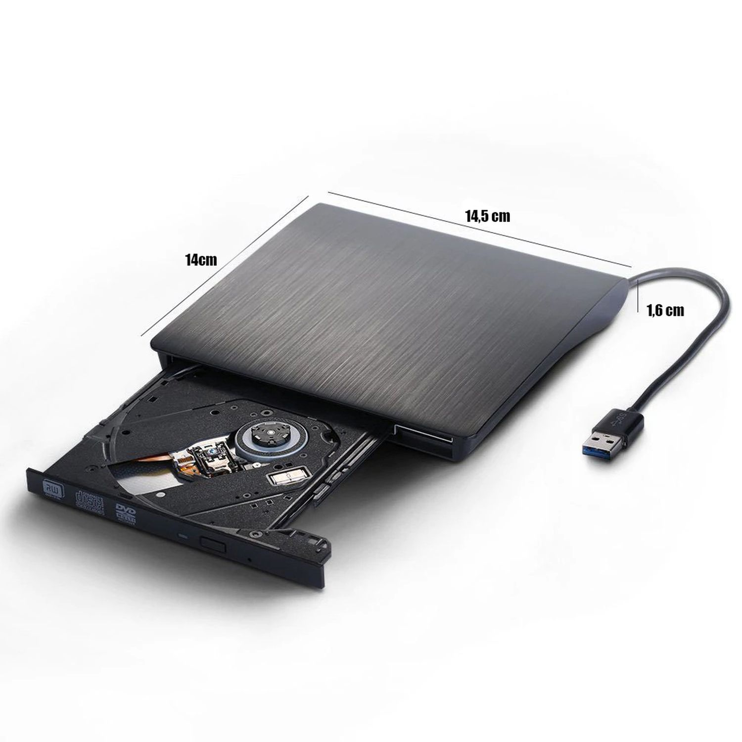 Schwarzes externes DVD-Laufwerk mit USB-Kabel, offen mit einer DVD. Abmessungen sind angegeben.