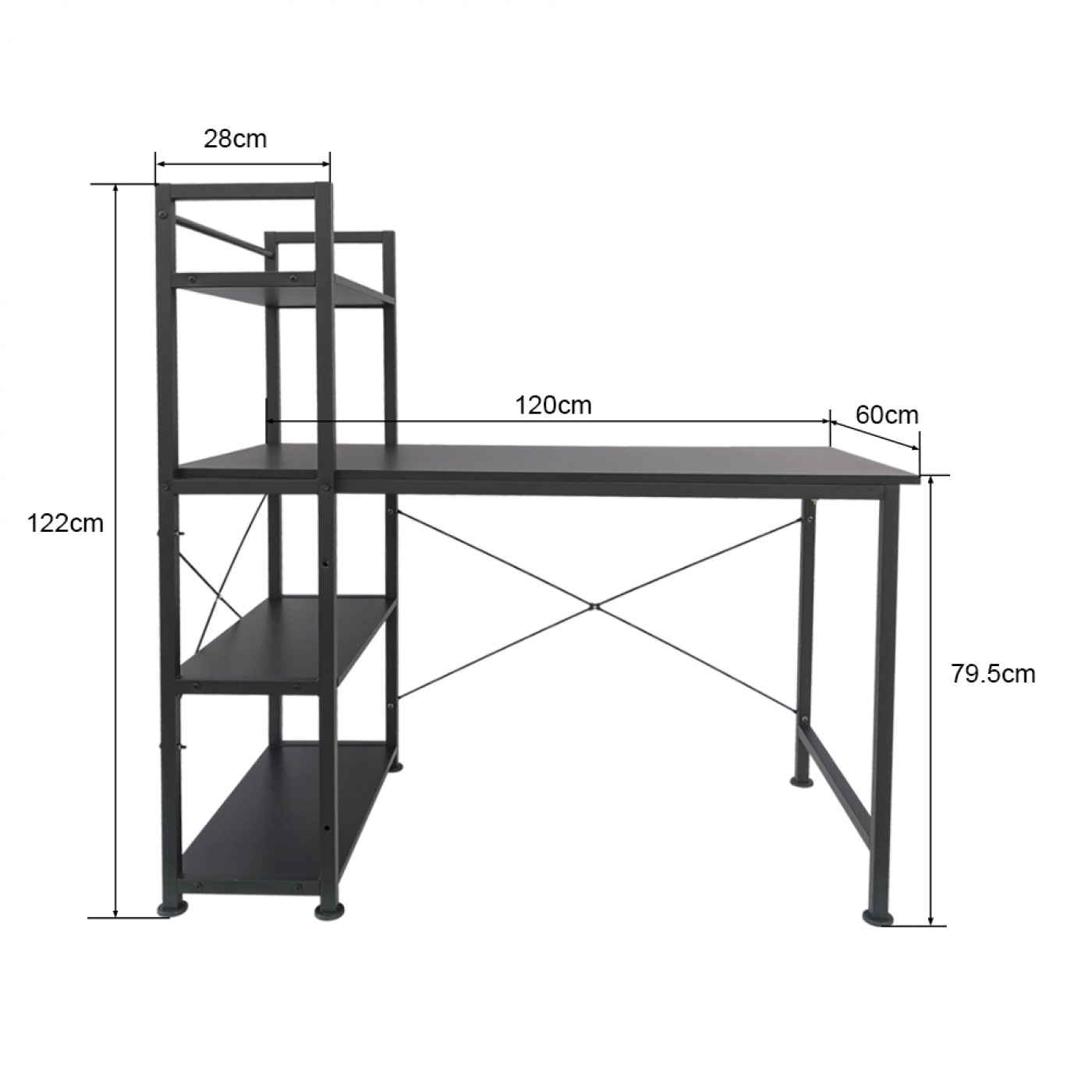 Zwart bureau met een plank aan de linkerkant, met afmetingen aangegeven in de afbeelding.