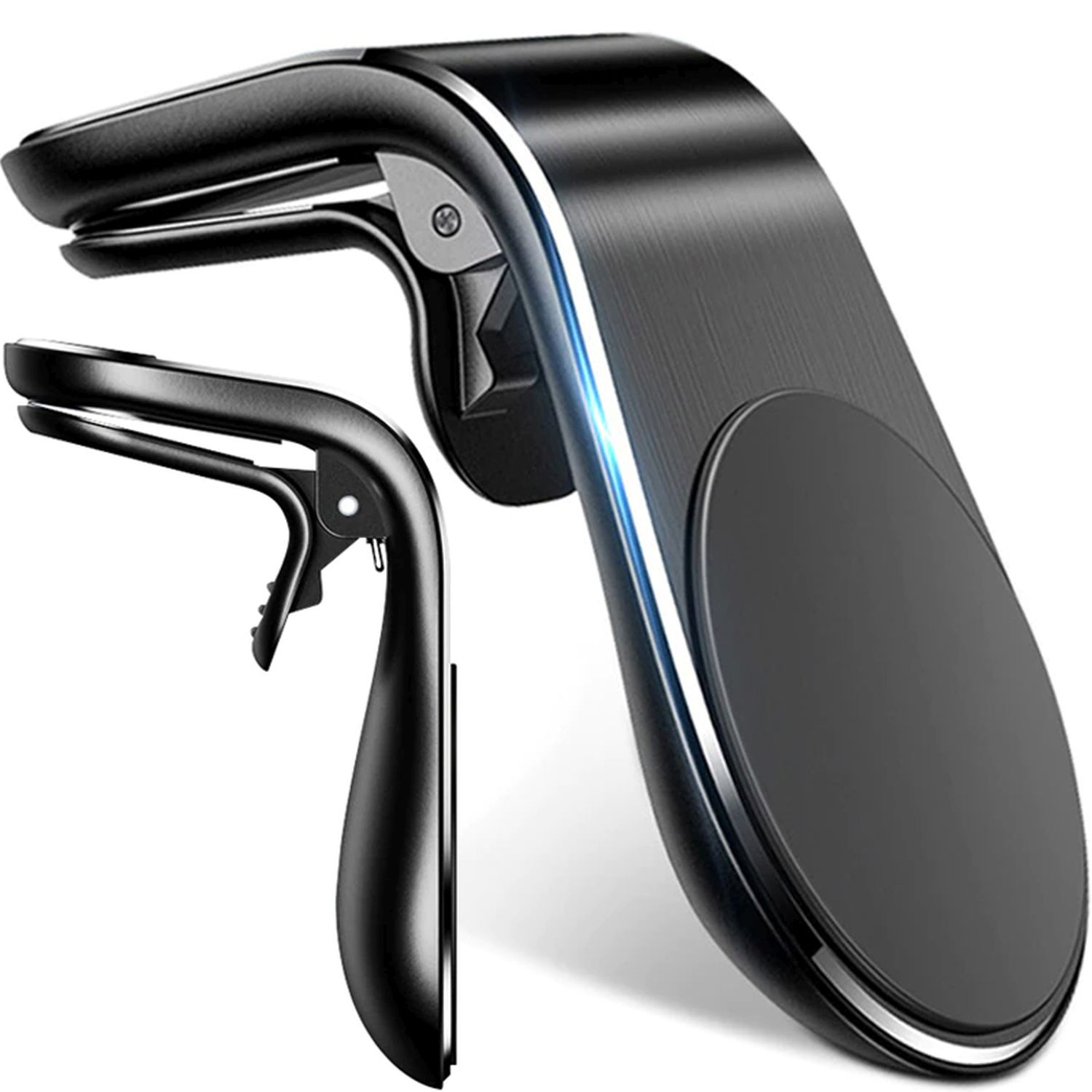 Schwarzer Autotelefonhalter mit Magnetfuß und Clip, Metall- und Schwarztöne.