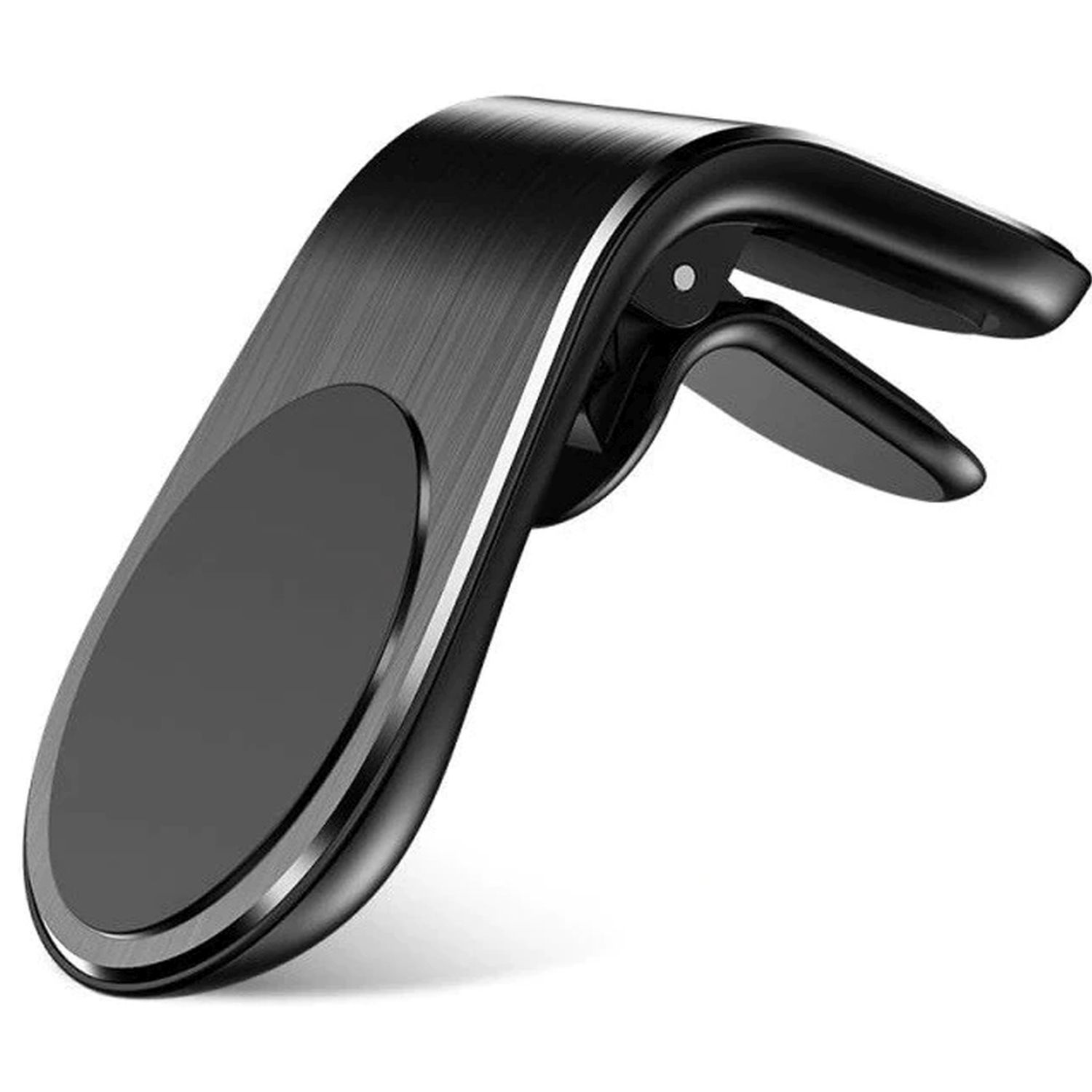 Ein schwarzer Autotelefonhalter. Er hat ein kreisförmiges Pad und eine gebogene, federbelastete Klammer.