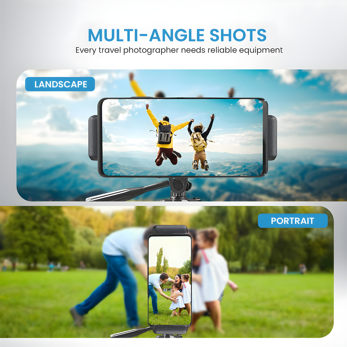 Zwei Fotos von Telefonen in einem Stativ. Einmal Landschaft, zwei springende Personen. Das andere Portrait, Familie.