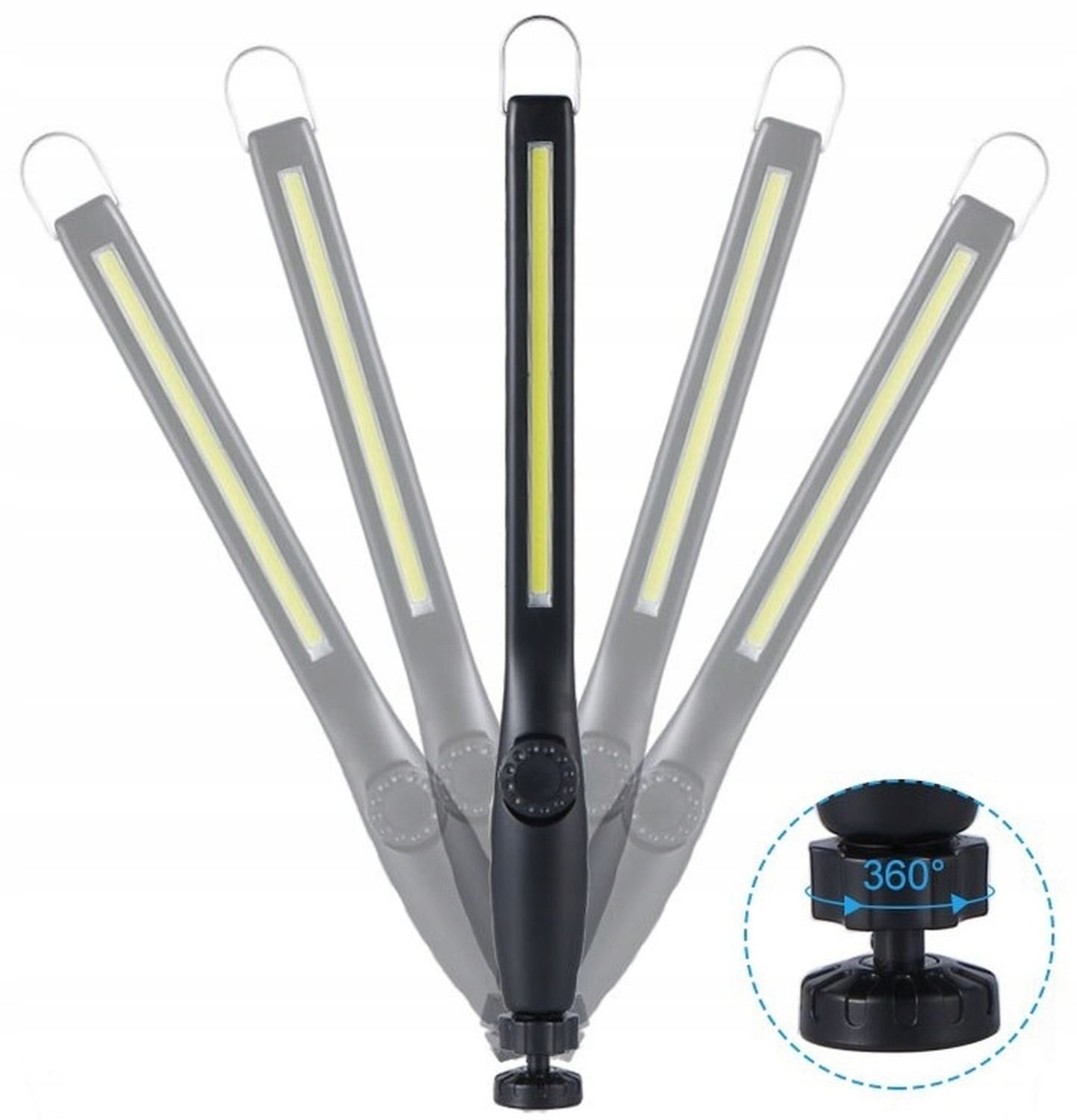 Schwarze LED-Arbeitsleuchte mit verstellbarem Kopf. Die Flexibilität wird gezeigt.