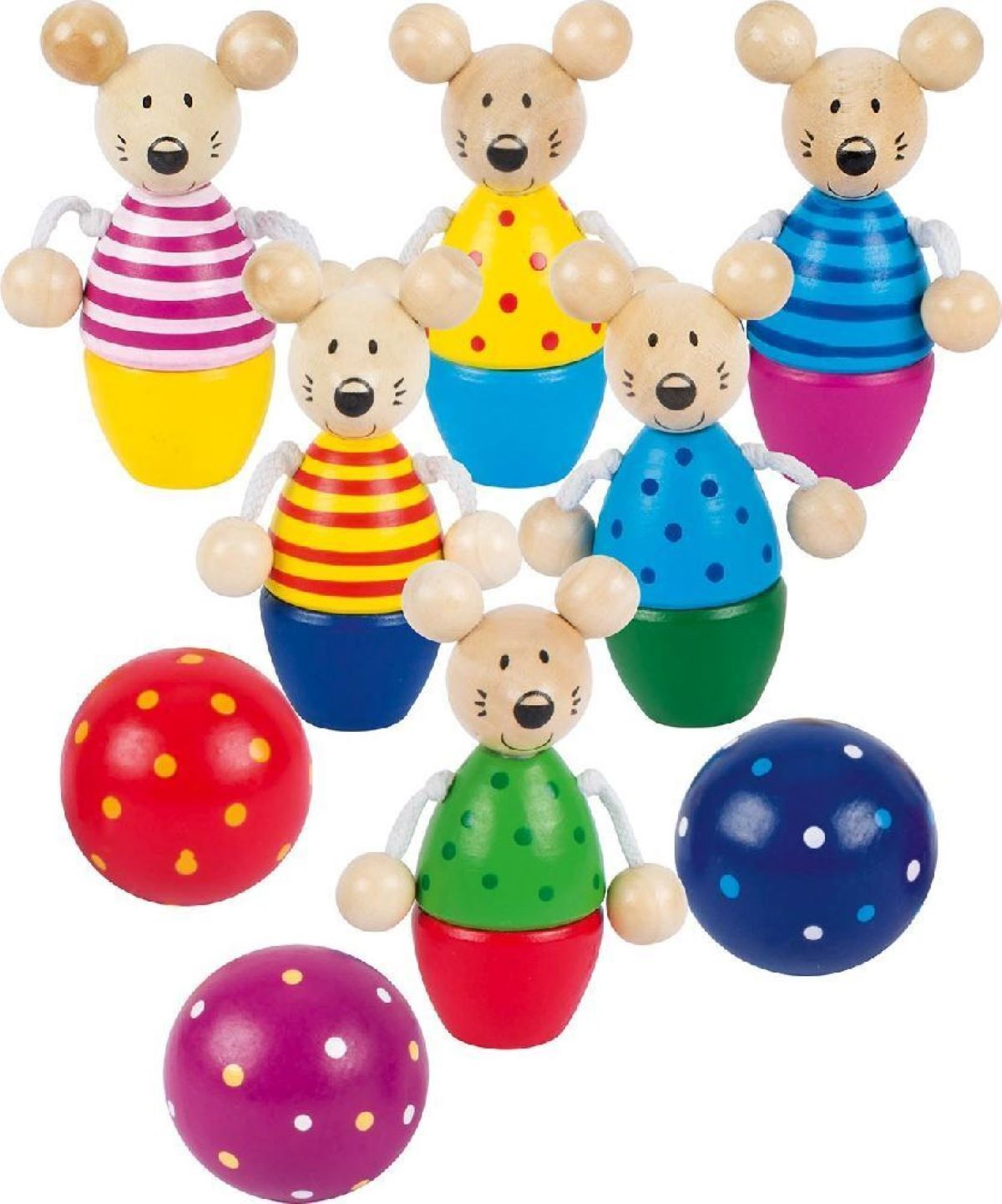 Sześć drewnianych zabawek myszy w różnych kolorach i trzy kolorowe kulki.