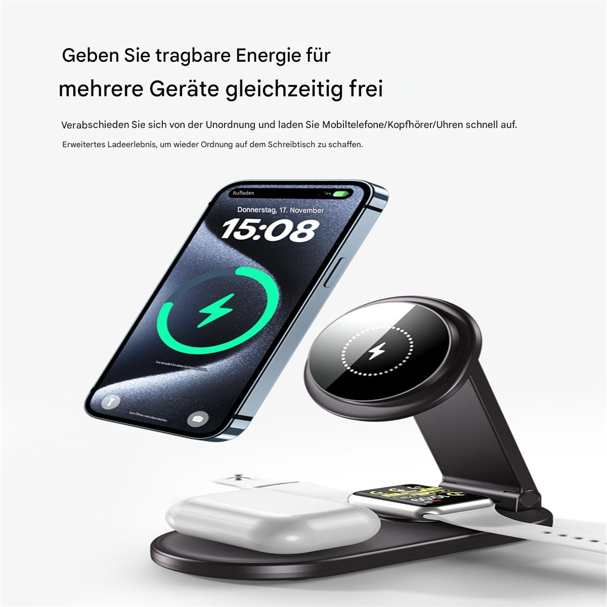 Telefon wird kabellos geladen. Ladestation mit Telefon, Uhr und Ohrhörern.