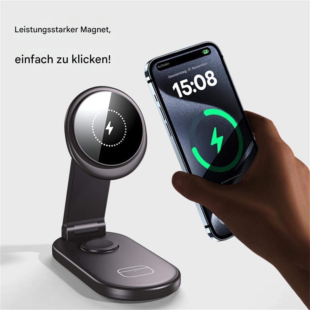 Ein schwarzes kabelloses Ladegerät mit einem Telefon, das darauf geladen wird. Das Ladegerät hat einen Magnetständer.