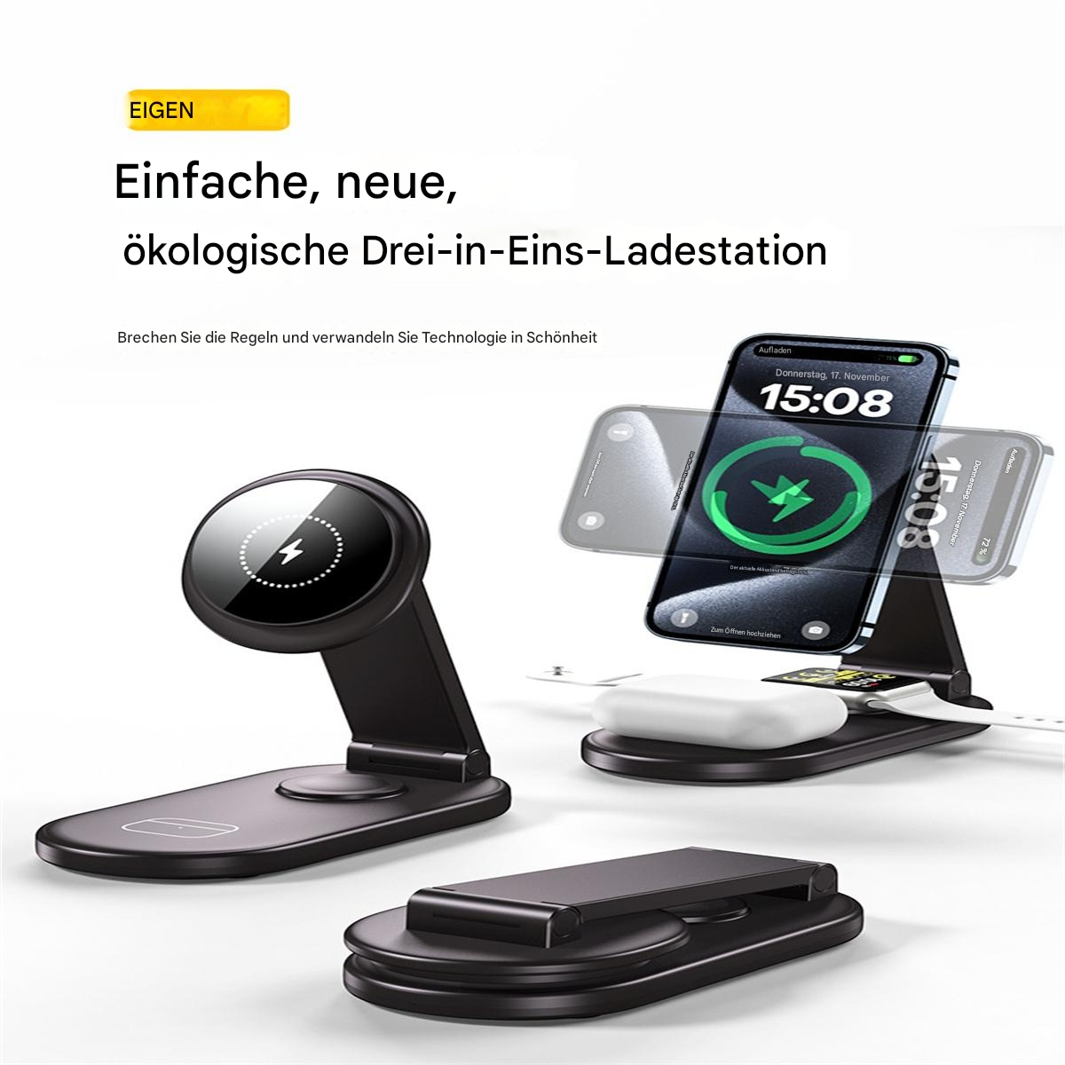 Eine schwarze Ladestation mit einem Telefon und Kopfhörern darauf. Ein Telefon schwebt darüber.