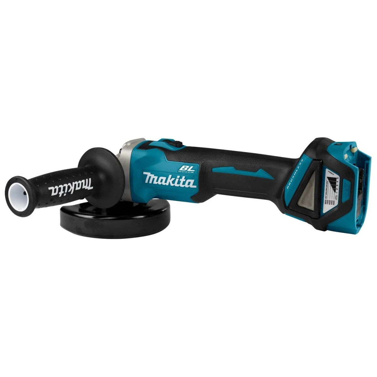 Een turquoise en zwarte haakse slijper met een zwarte handgreep op een witte achtergrond.