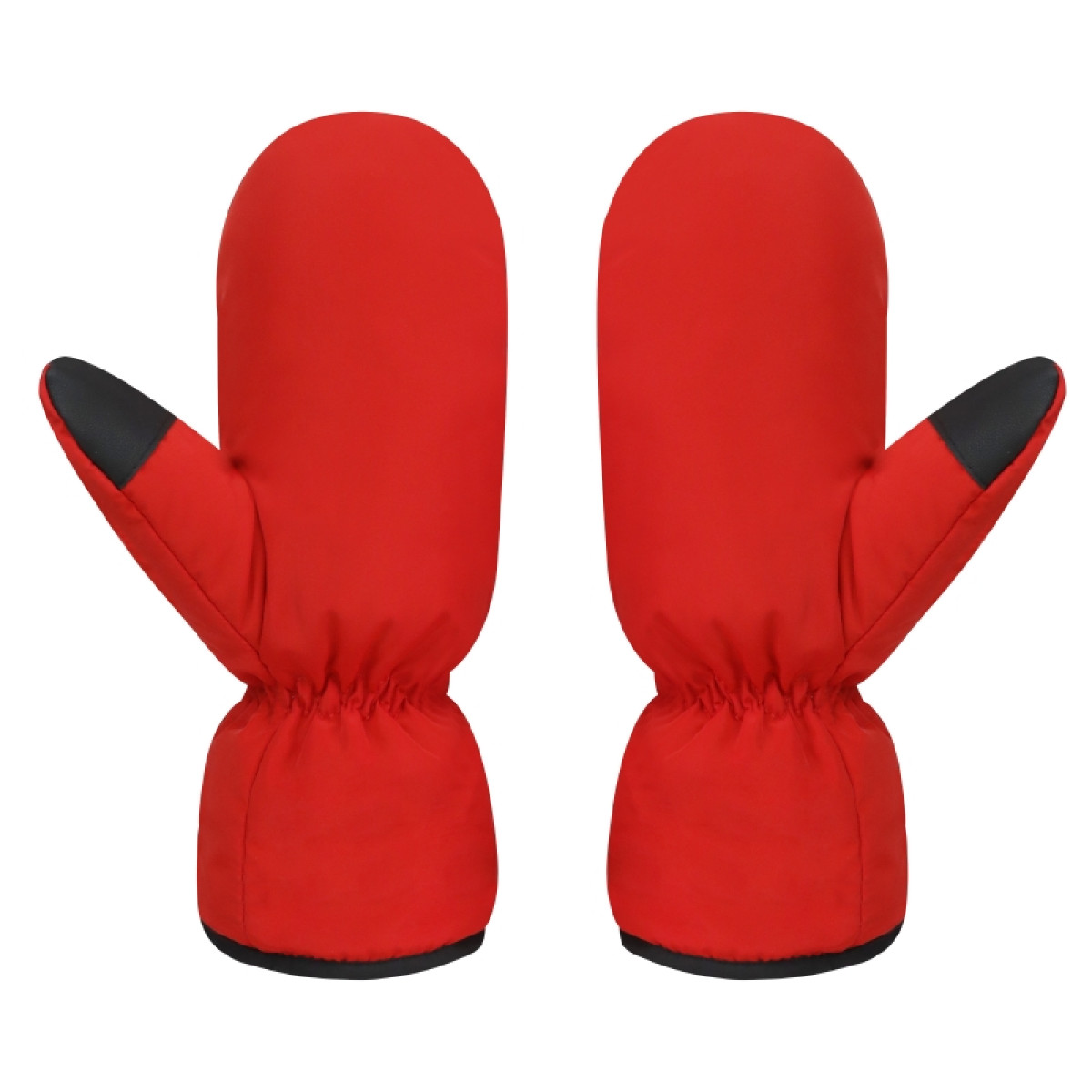 Paar rote Fäustlinge mit schwarzen Fingerspitzen. Sie liegen auf einer weißen Oberfläche.