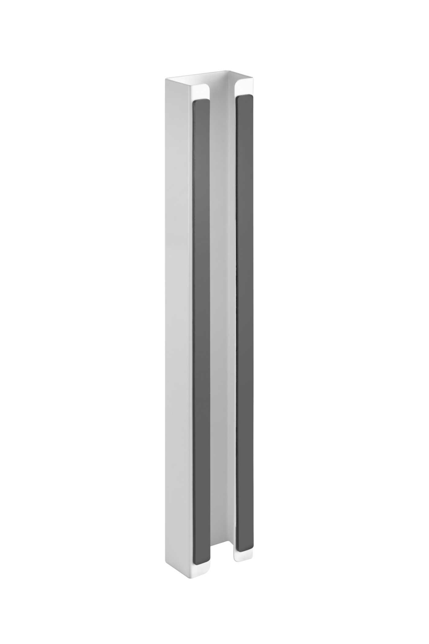 Vertikales, weißes Metallstück mit zwei grauen, strukturierten, vertikalen Stäben. Das Stück hat eine U-Form.