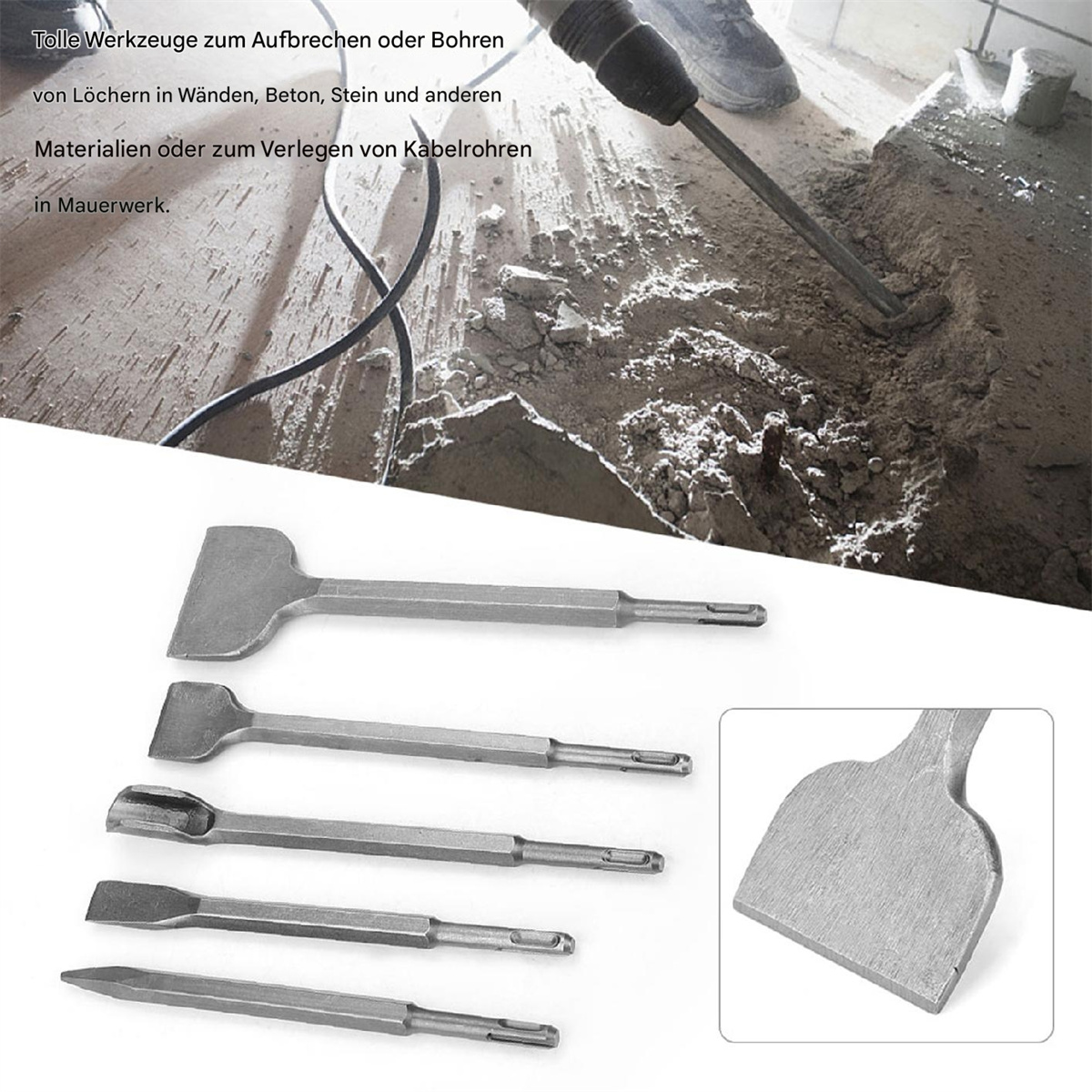 Verschiedene Metallmeißel und ein Bohrer, der Beton aufbricht. Werkzeuge liegen auf einem Holzboden.
