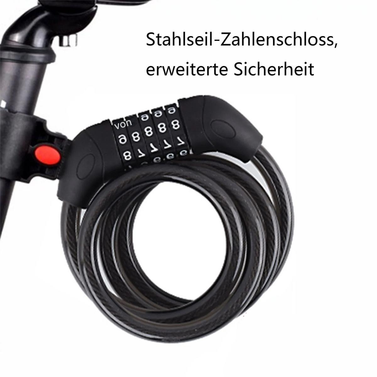 Schwarzes Fahrradschloss mit Zahlenschloss und Spiralkabel. Text: 'Stahlseil-Zahlenschloss, erweiterte Sicherheit'.