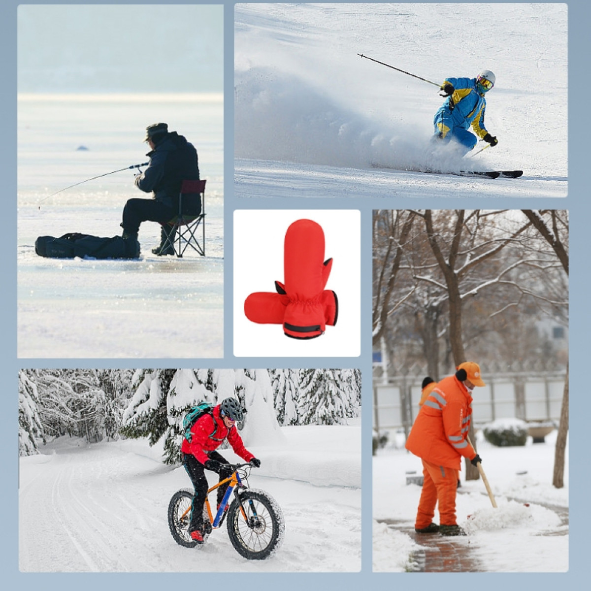 Mehrere Bilder zeigen Menschen bei Schnee: Eisfischen, Skifahren, Radfahren und Schneeschaufeln.
