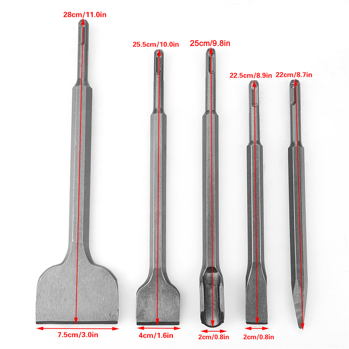 Fünf verschiedene Größen von Metallmeißeln, mit Maßen. Lange Griffe und flache, abgewinkelte Klingen.