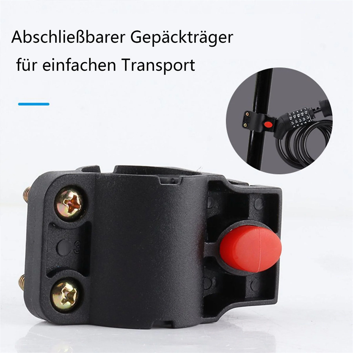 Schwarzer Fahrradträger mit rotem Knopf und Schloss. Ausschnitt zeigt den Code des Schlosses. Text: Abschließbarer Gepäckträger.
