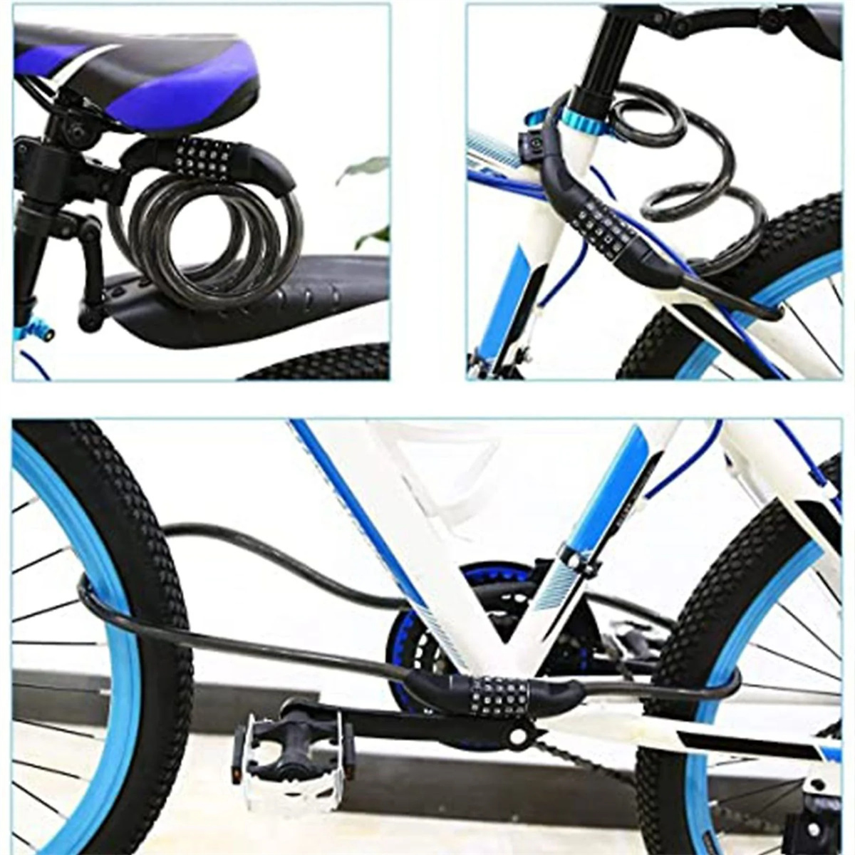 Fahrrad mit blauen Akzenten und schwarzem Kabelschloss. Schlösser an Rahmen und Sattelstütze befestigt. Fahrradräder sind sichtbar.