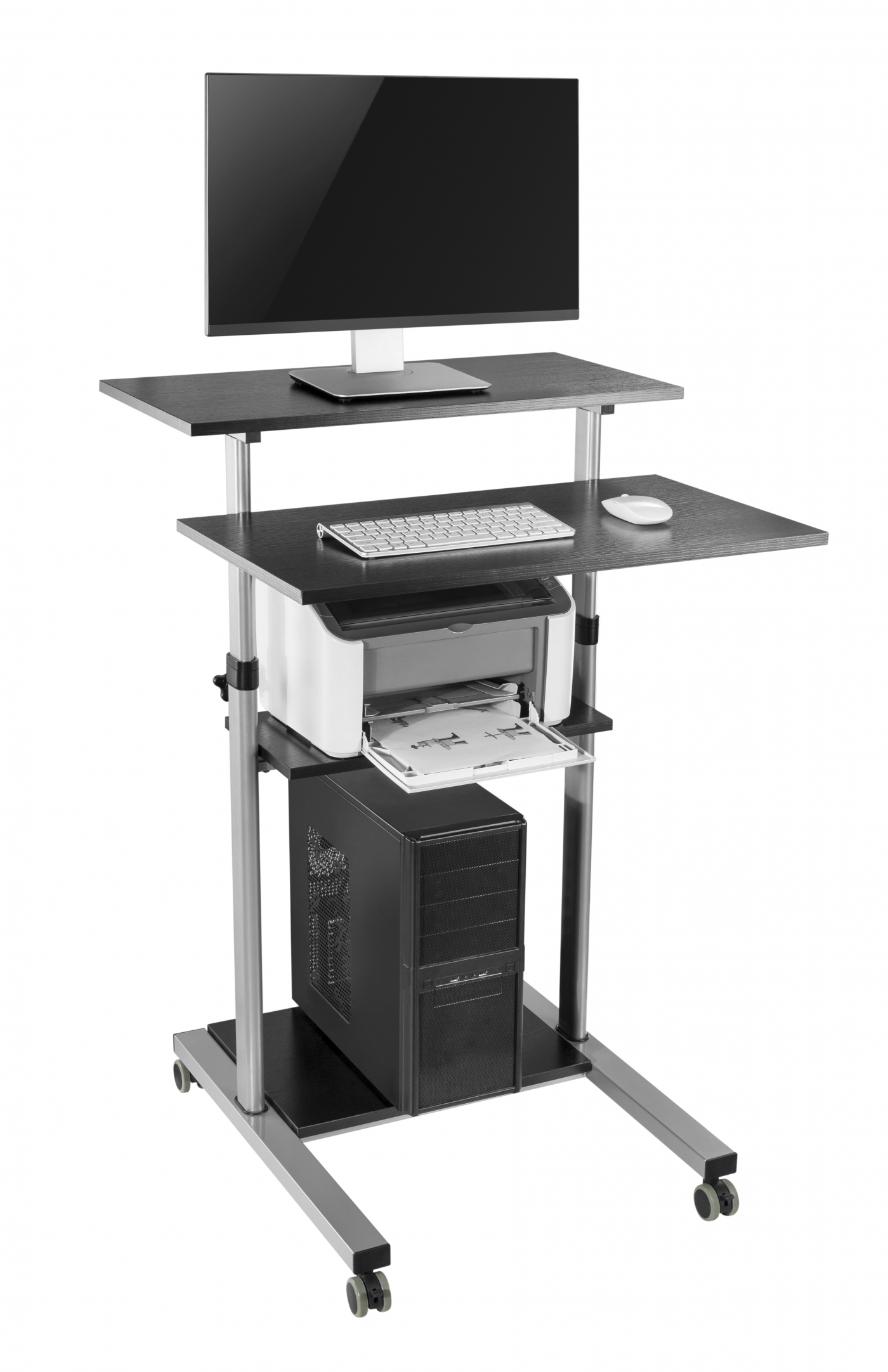 Computer desk with monitor, printer, and computer.