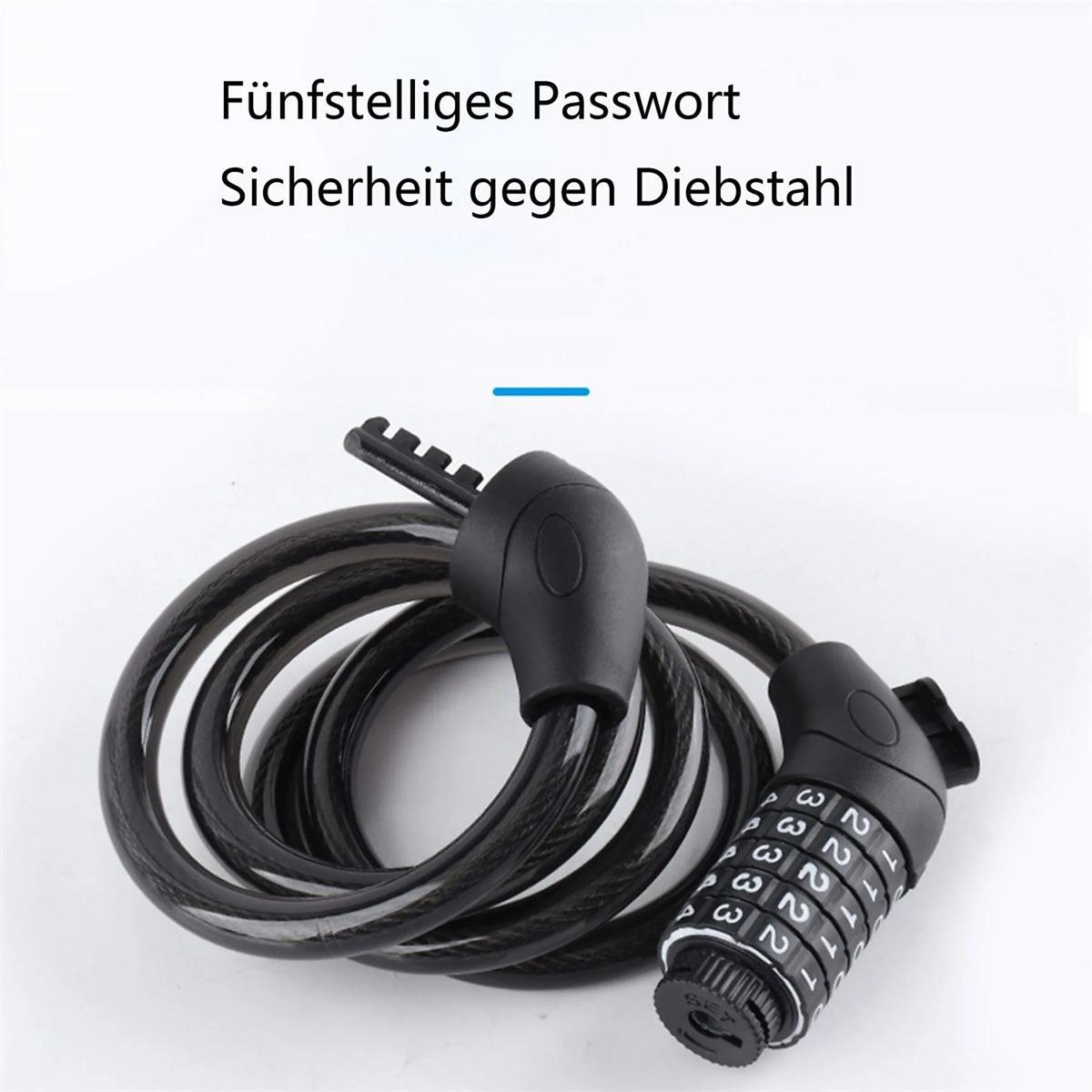 Ein schwarzes Zahlenschloss mit gewendeltem Kabel auf weißem Hintergrund.