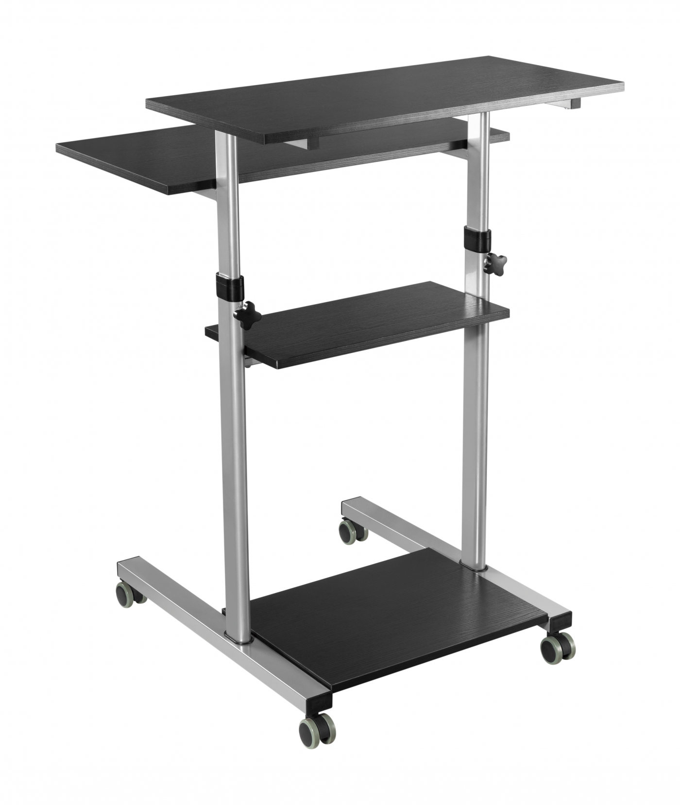 Black rolling laptop desk with adjustable shelves. Silver frame. White background.