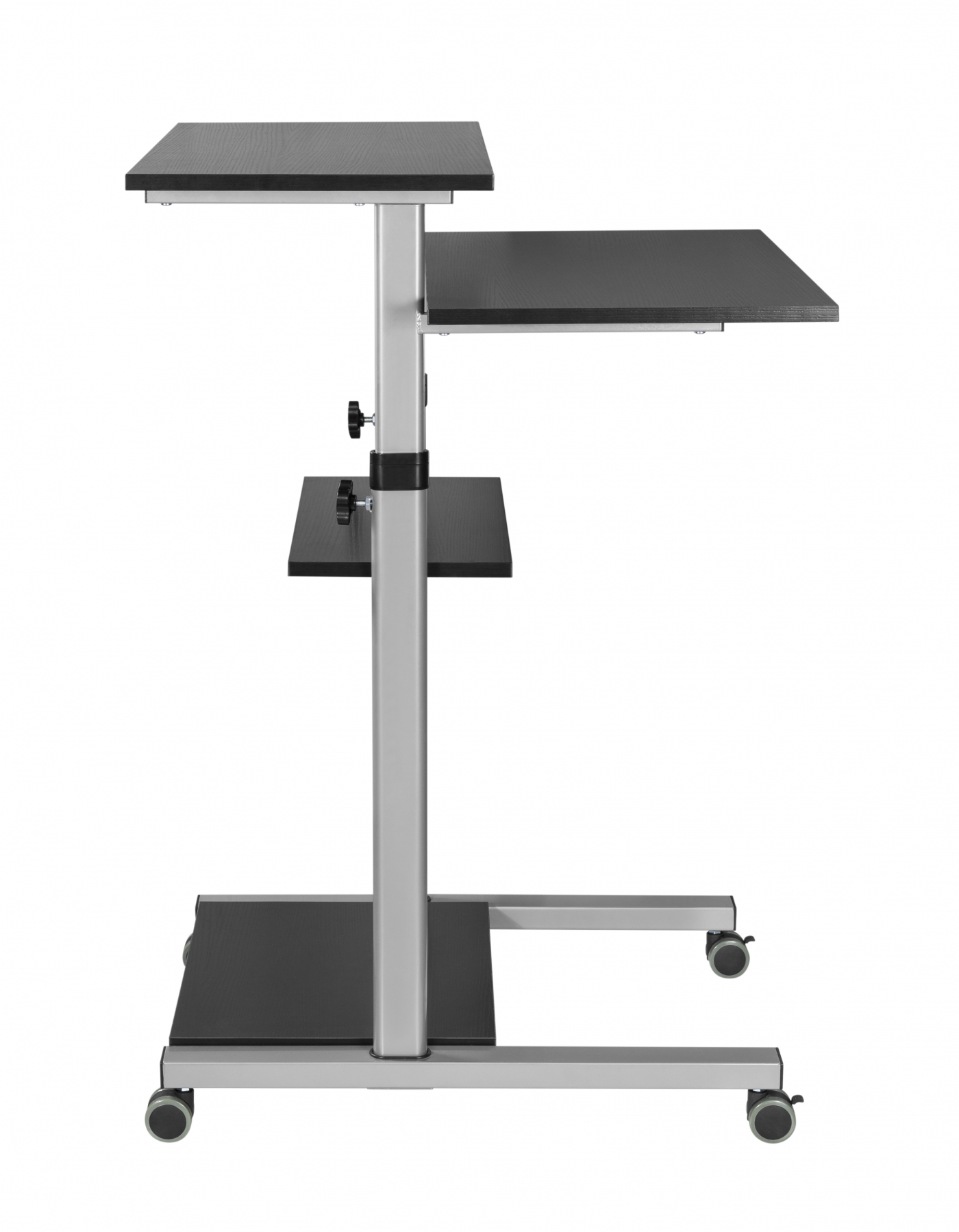Mobile laptop desk, black and silver, with adjustable shelves and wheels.