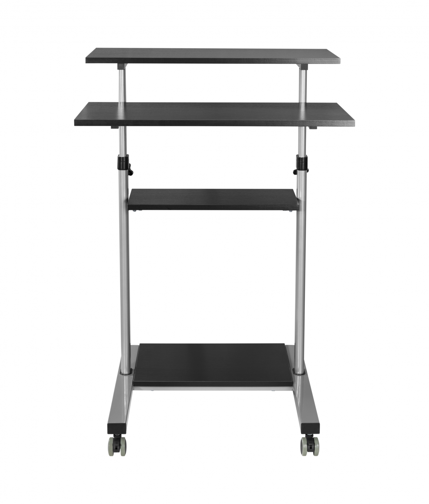 A standing desk with three shelves on a white background.