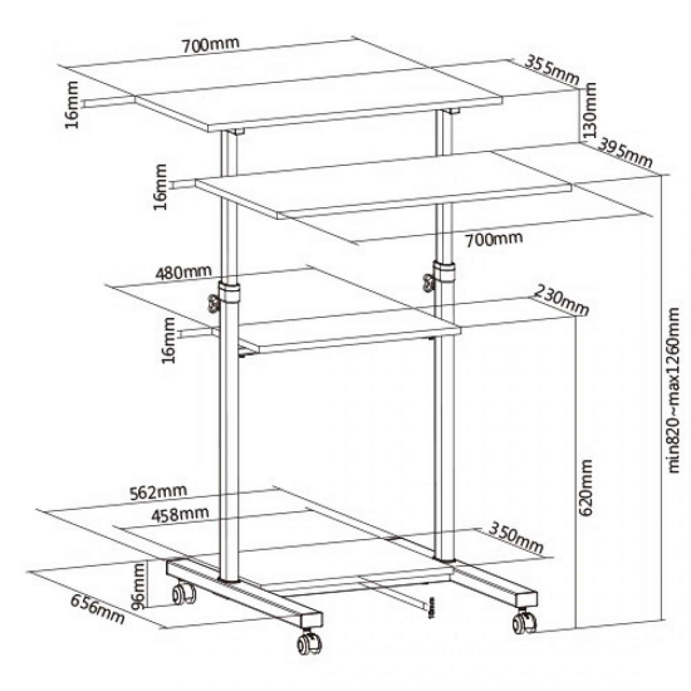 A mobile desk with three shelves and wheels, with dimension lines and measurements.