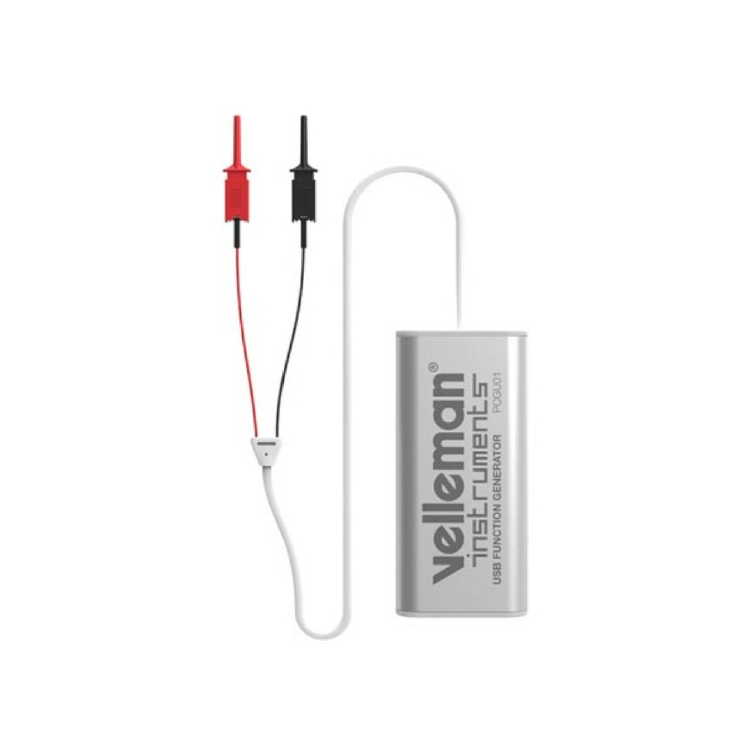 Silberner USB-Funktionsgenerator mit roten und schwarzen Messleitungen auf weißem Grund.