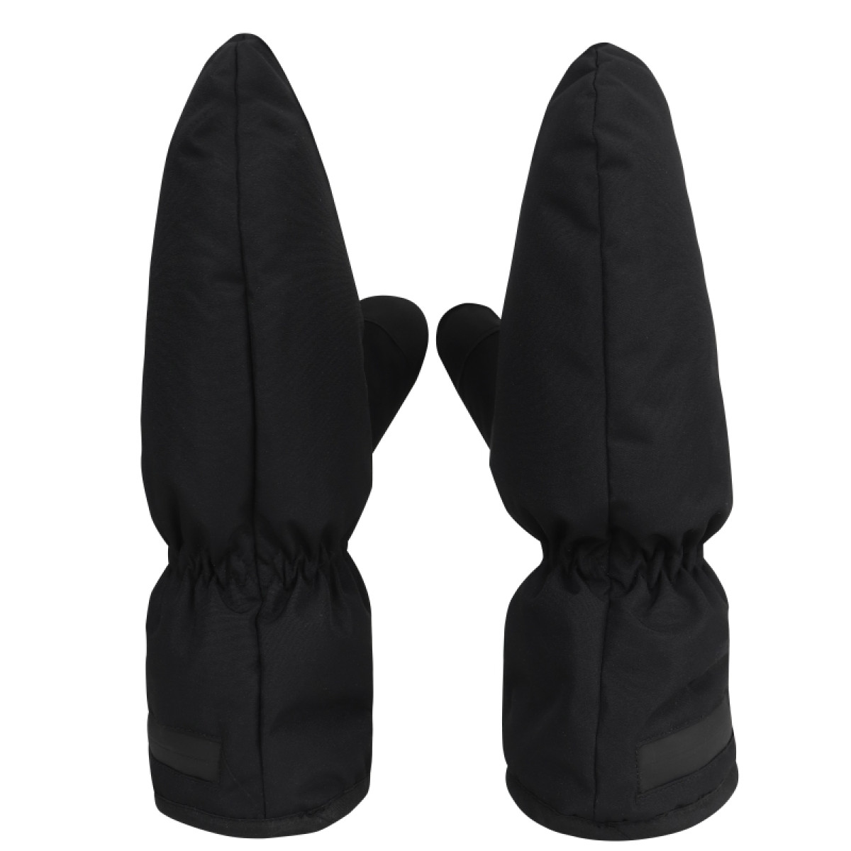 Schwarze Fäustlinge. Sie bestehen aus einem glatten, wasserabweisenden Material. Die Handschuhe sind einfach.
