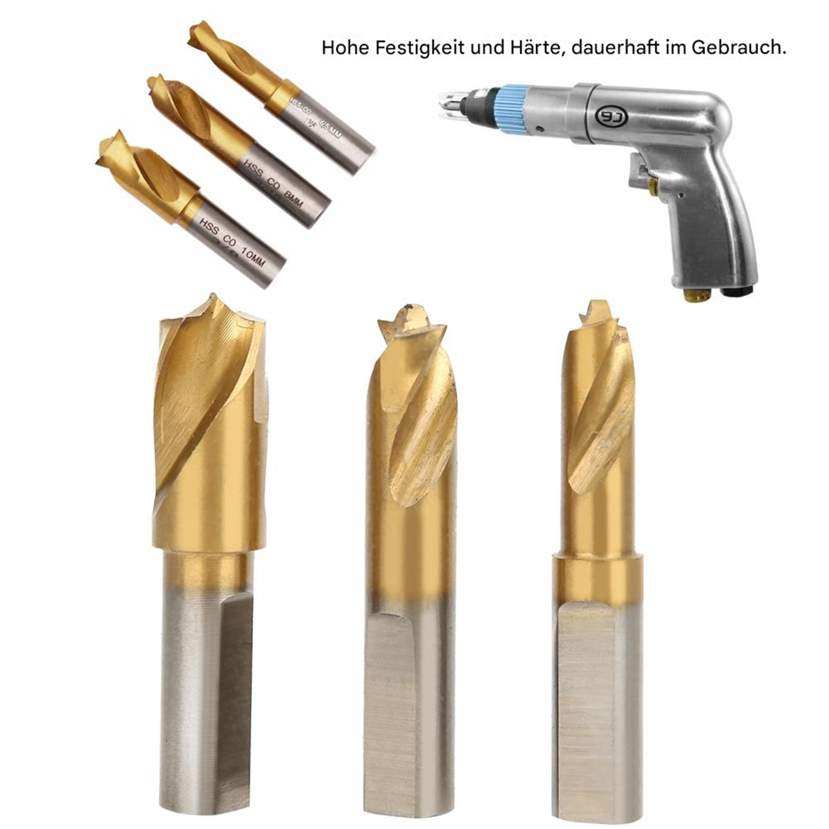 Drei Bohrer und eine Bohrmaschine, mit Text auf Deutsch.