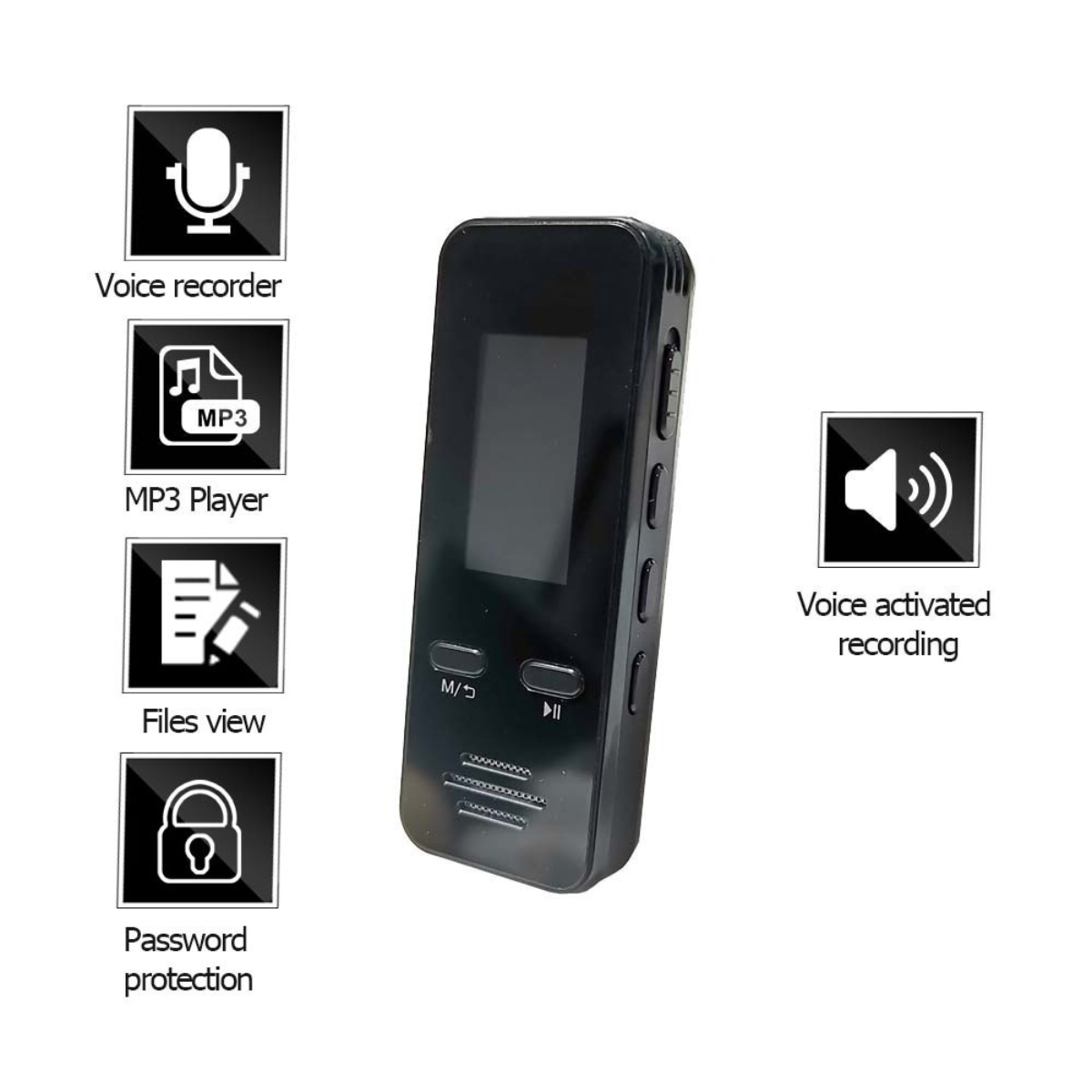 Ein schwarzer Sprachrekorder mit Symbolen für Sprachrekorder, MP3-Player und mehr, mit sprachaktivierter Aufnahme.