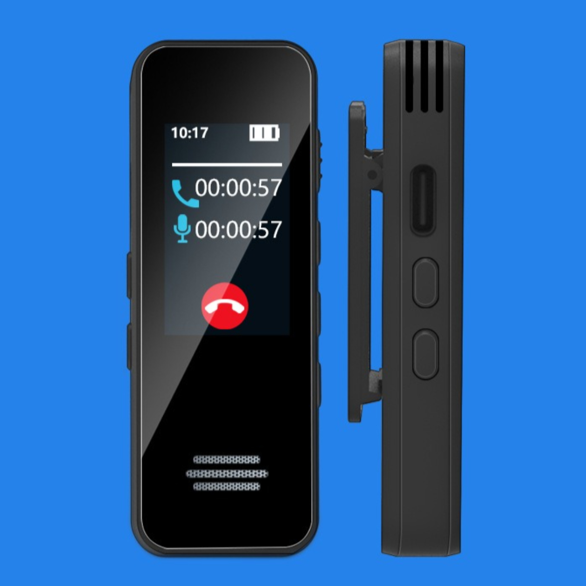 Ein schwarzes Aufnahmegerät zeigt einen Anrufbildschirm. Es zeigt die Anrufdauer und ein rotes Telefonsymbol auf blauem Hintergrund.