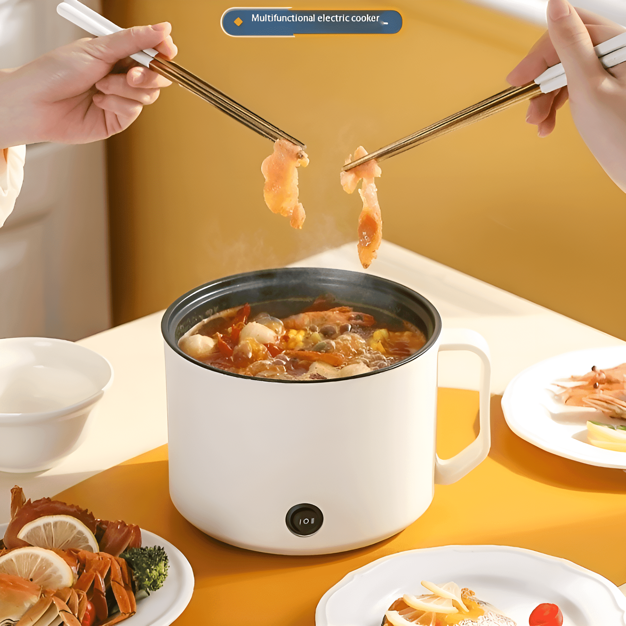 Ein weißer Elektroherd mit Essen und Händen, die Essstäbchen benutzen, um Garnelen aufzunehmen.