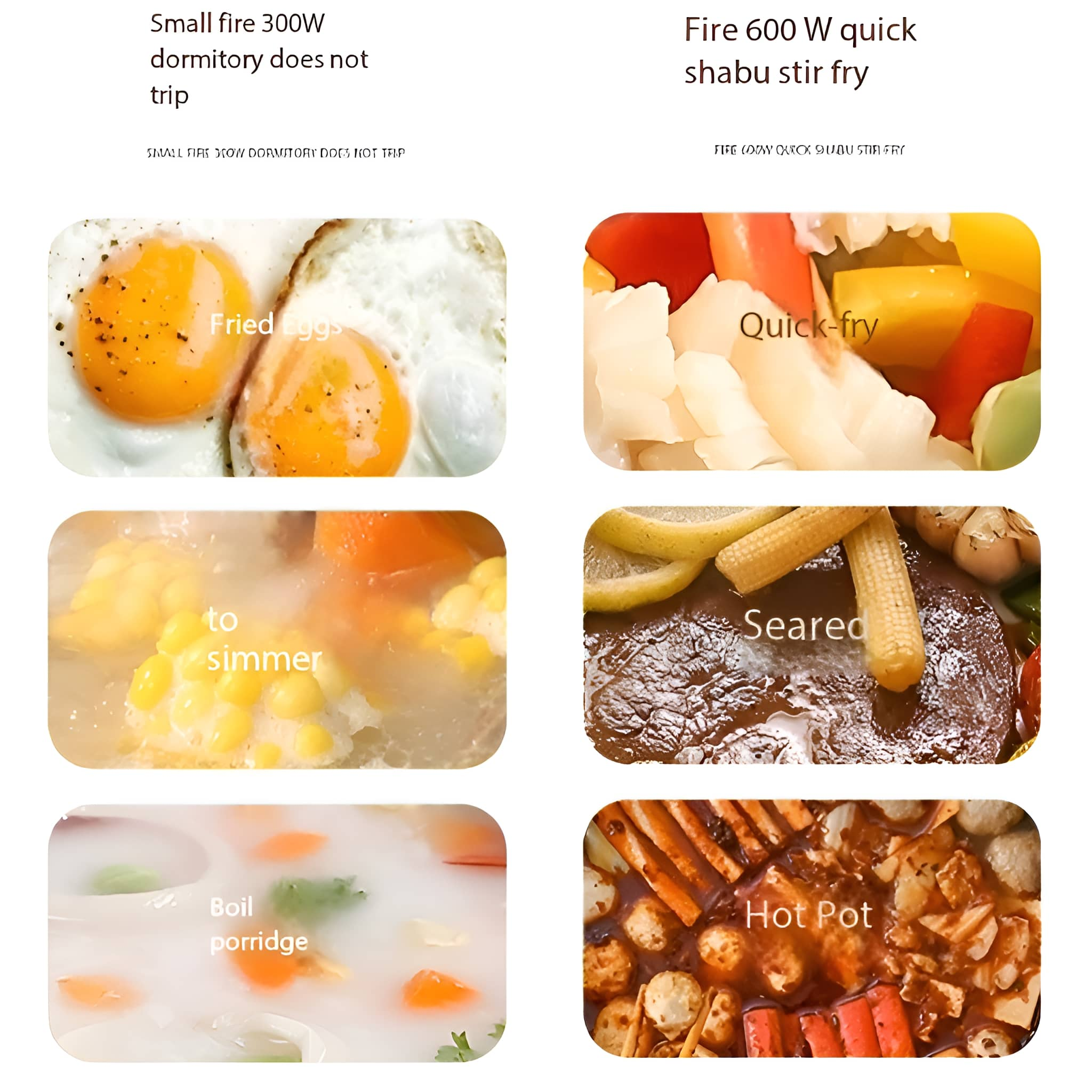Collage von gekochten Speisen, darunter Spiegeleier, schnell gebratenes Gemüse, gedünstetes Gemüse, gebratenes Fleisch, Porridge und Hot Pot.
