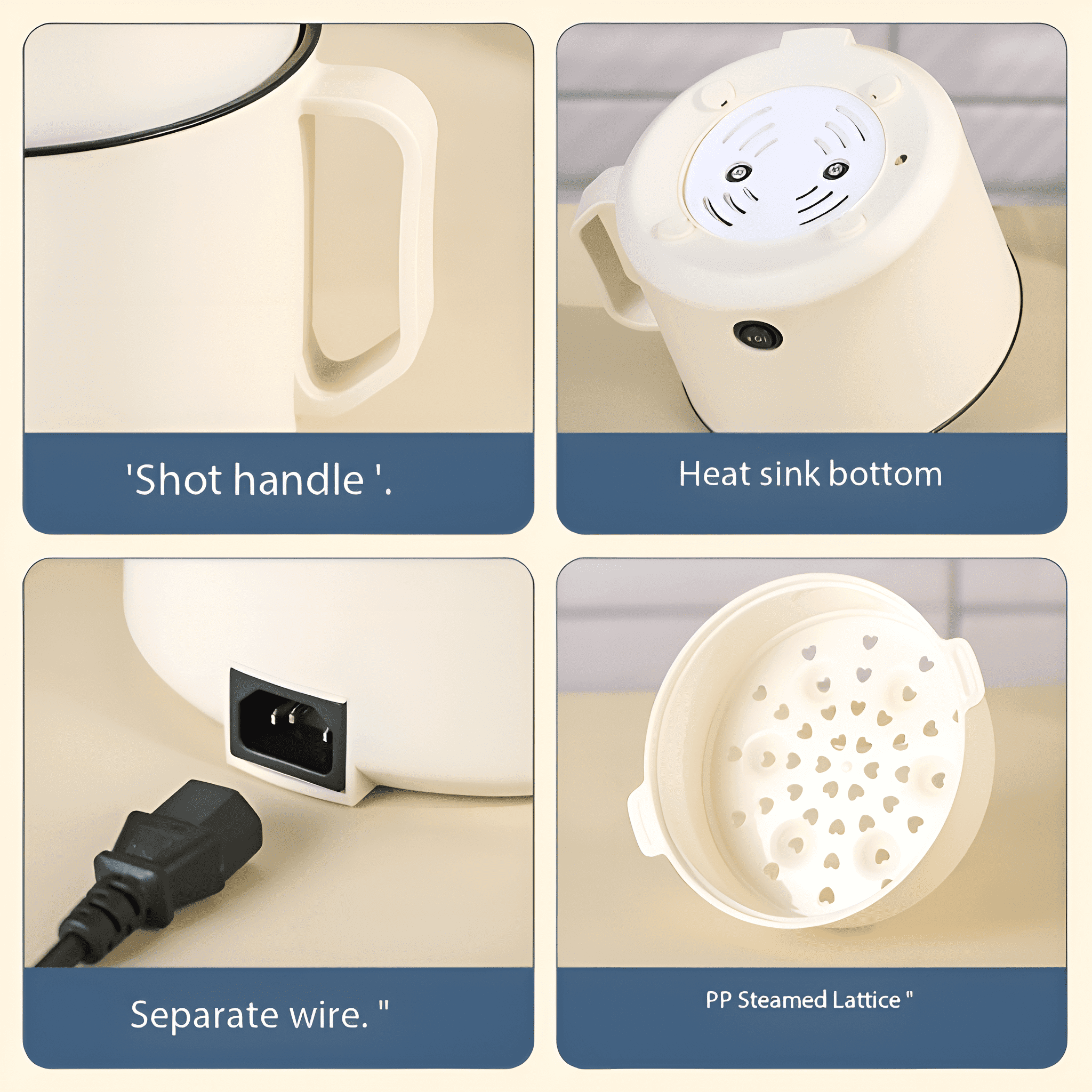 Nahaufnahme von Teilen eines beige elektrischen Kochers: Griff, Boden, separates Kabel und ein PP-Dampfgitter.