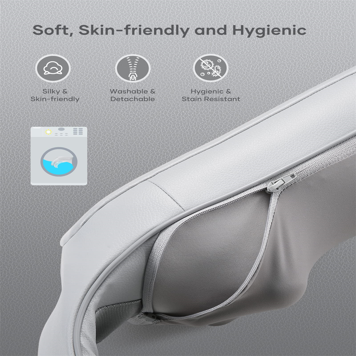 Graues Kissen mit Text und Symbolen für 'Silky & Skin-friendly', 'Washable' und 'Hygienic'.
