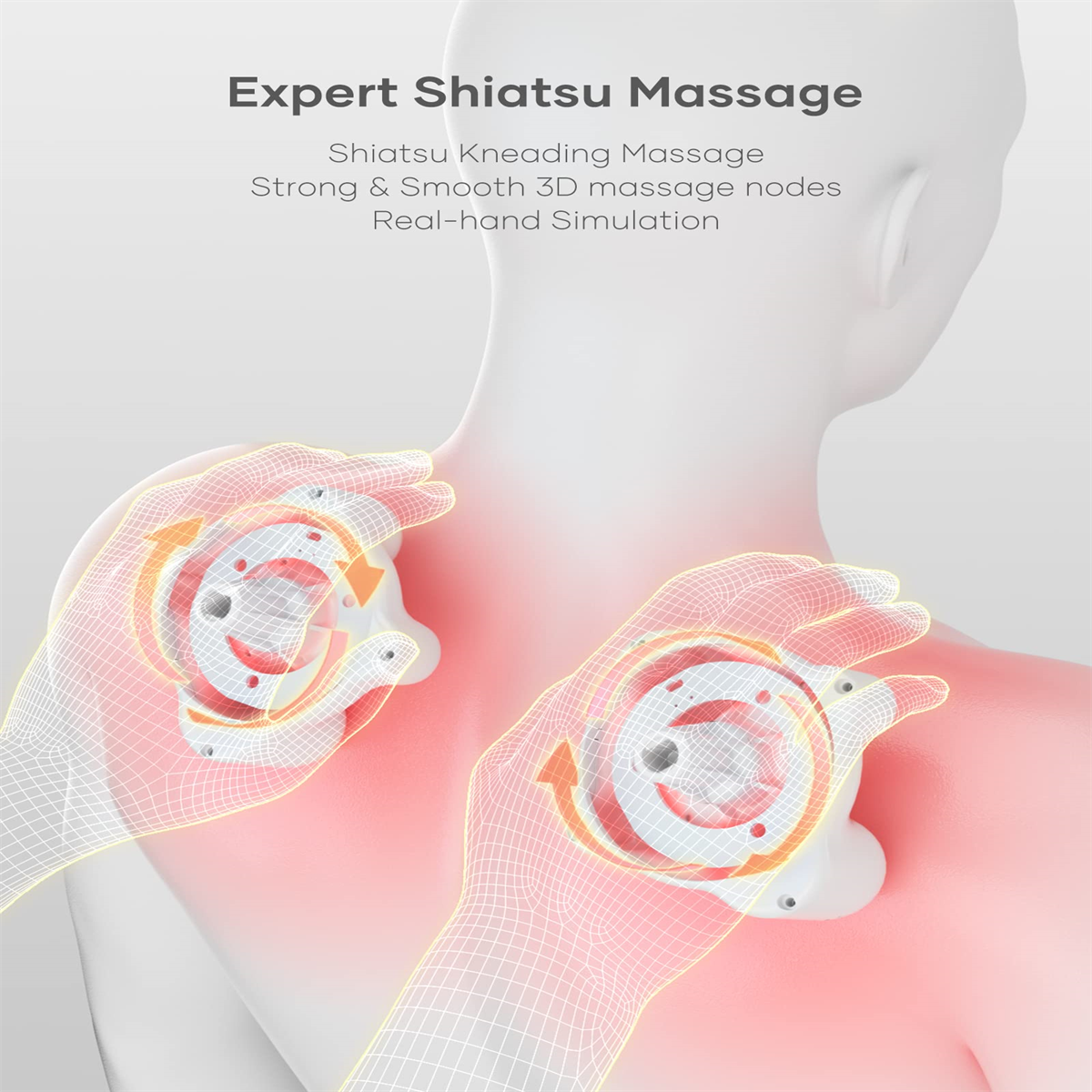Der Rücken einer Person mit Massageknoten. Zwei Massagegeräte werden mit Pfeilen hervorgehoben.