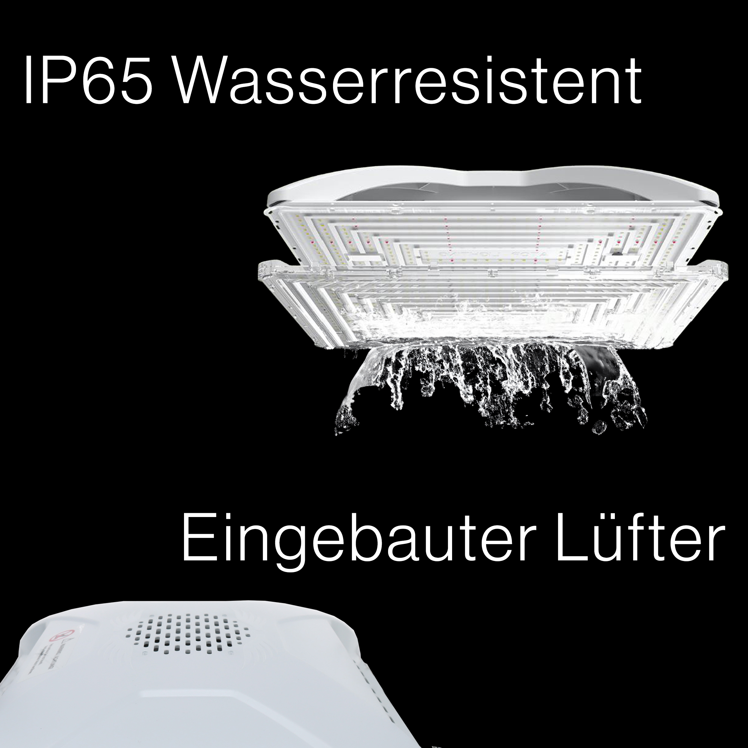 Wasserfestes Gerät. Zeigt Wasser, das von oben fließt, und eine Belüftung unten.