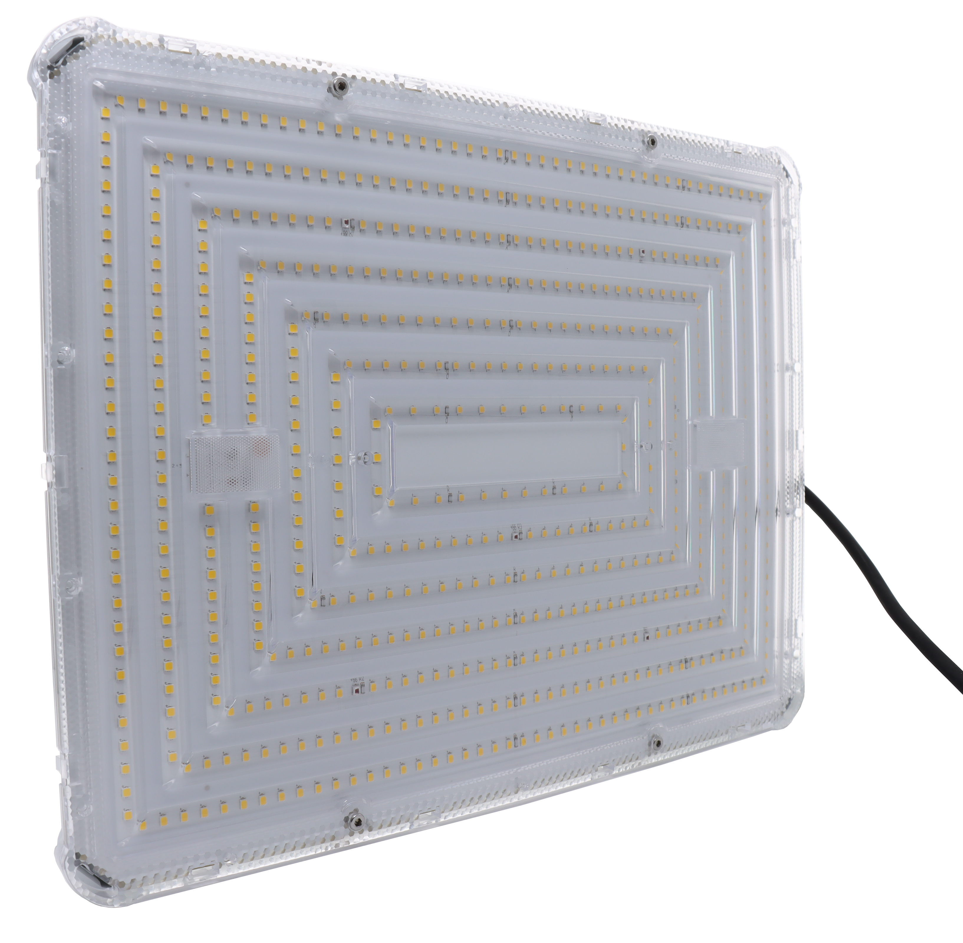 LED-Panel mit vielen LED-Leuchten, einem schwarzen Kabel und einem weißen Rahmen.